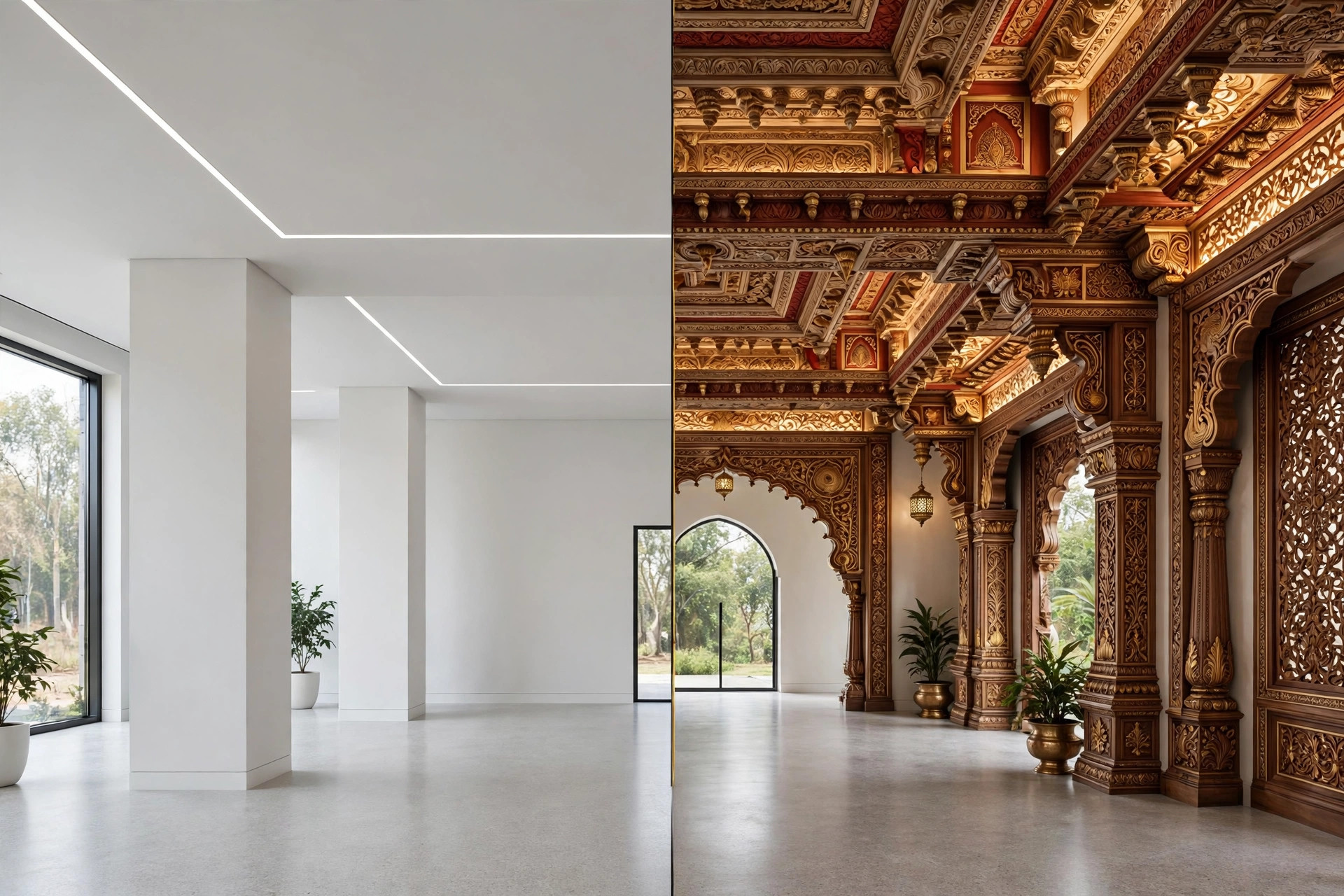 Side-by-side comparison of a simple hall ceiling and an elaborate multi-layer hall ceiling
