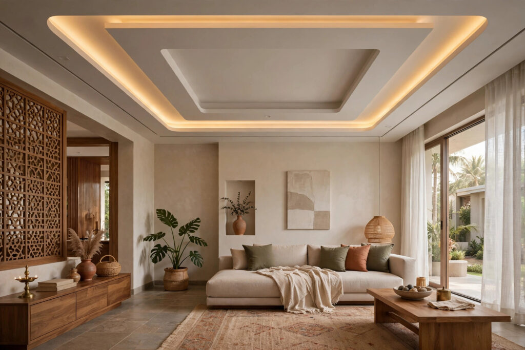 Indian hall with a 2026-style tray ceiling and warm cove LED lighting