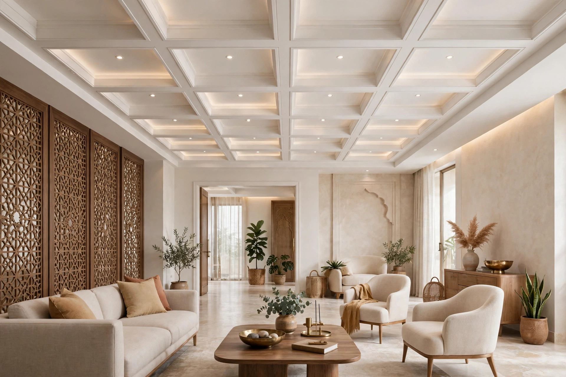 Hall with a slim white coffered ceiling with clean lines
