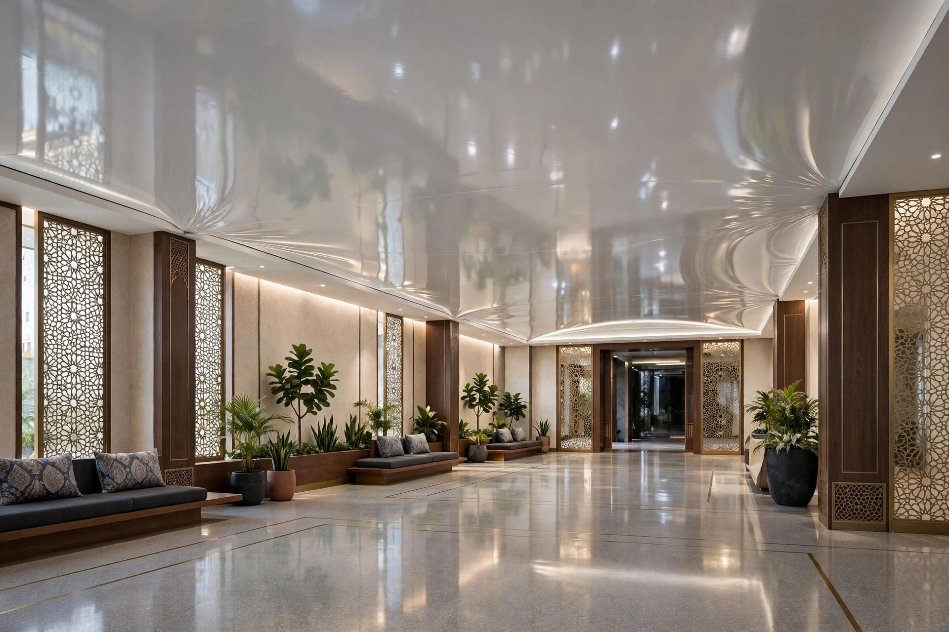 Hall with a glossy stretch ceiling reflecting soft light
