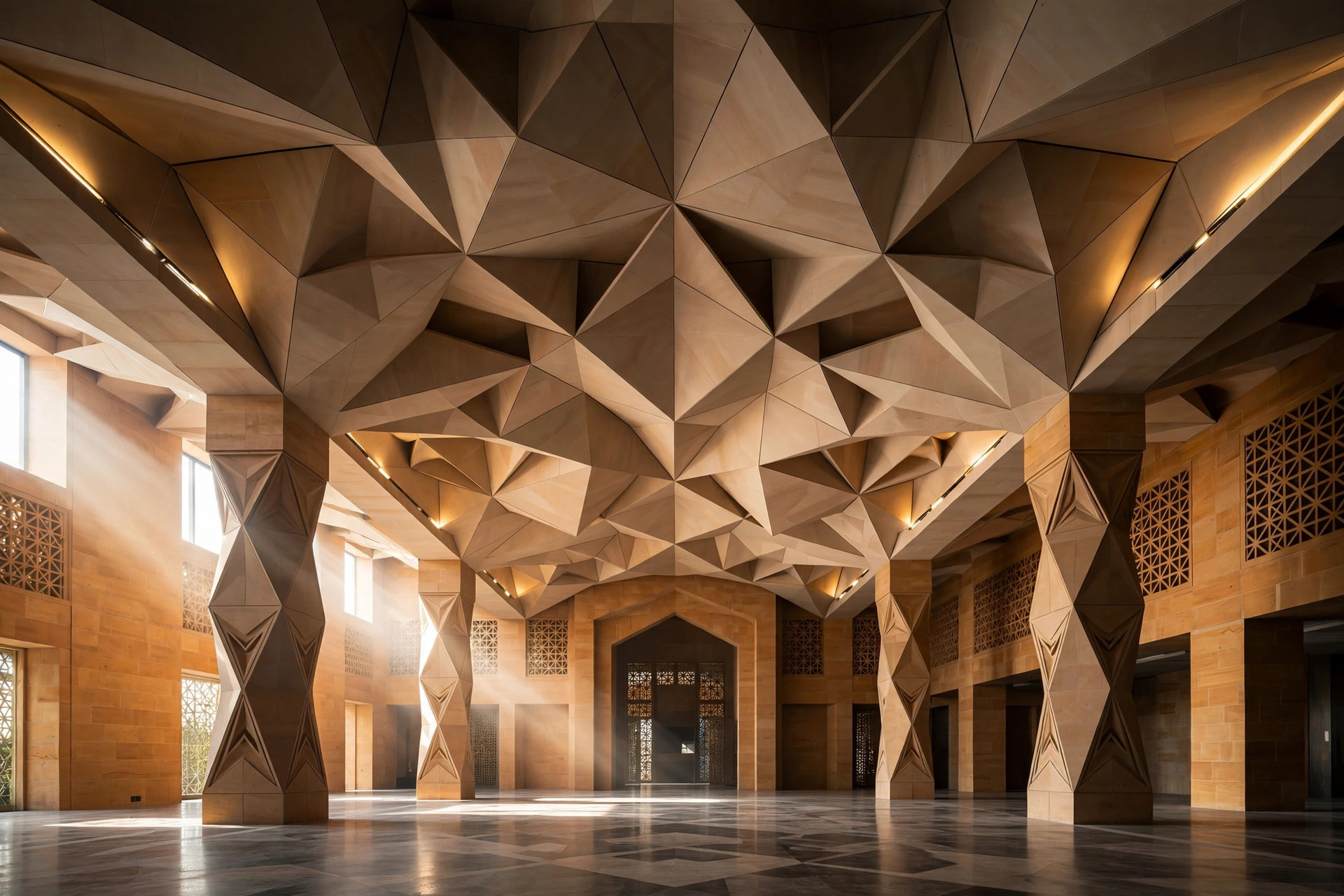 Large hall with a geometric sculptural ceiling in angular panels