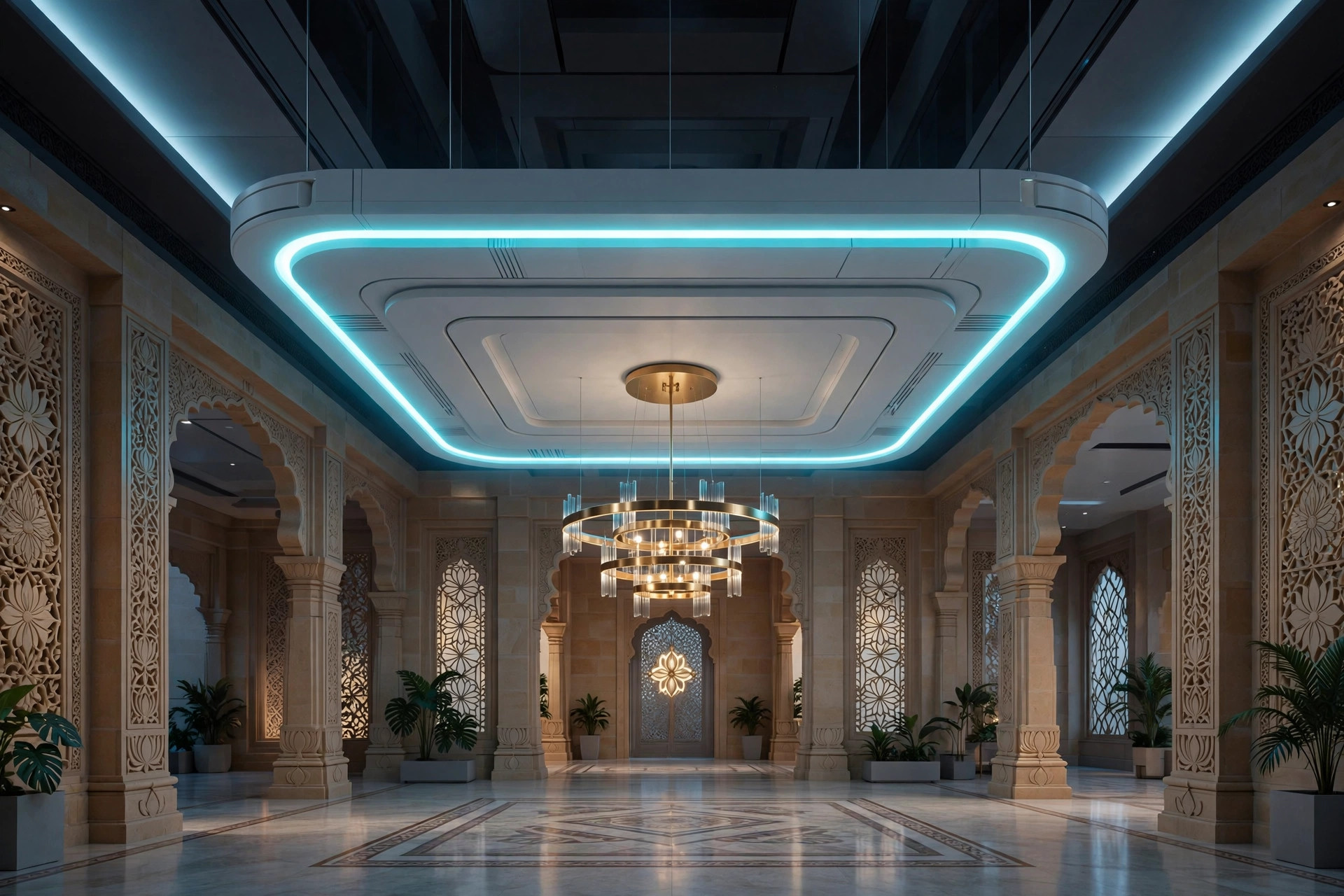 Hall with a floating ceiling island and LED halo lighting around a chandelier