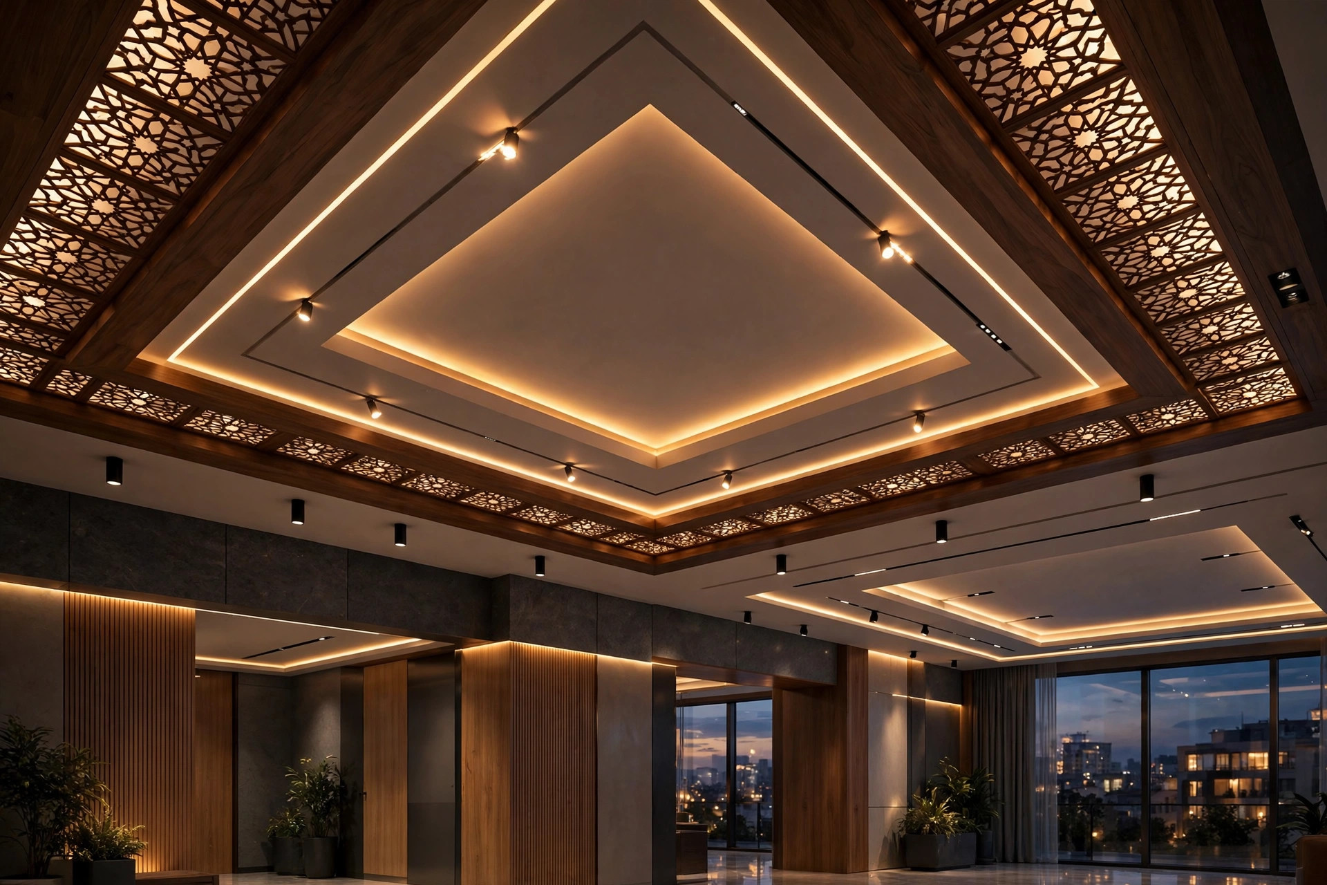 Hall ceiling with dimmable smart LED lighting in a warm evening scene