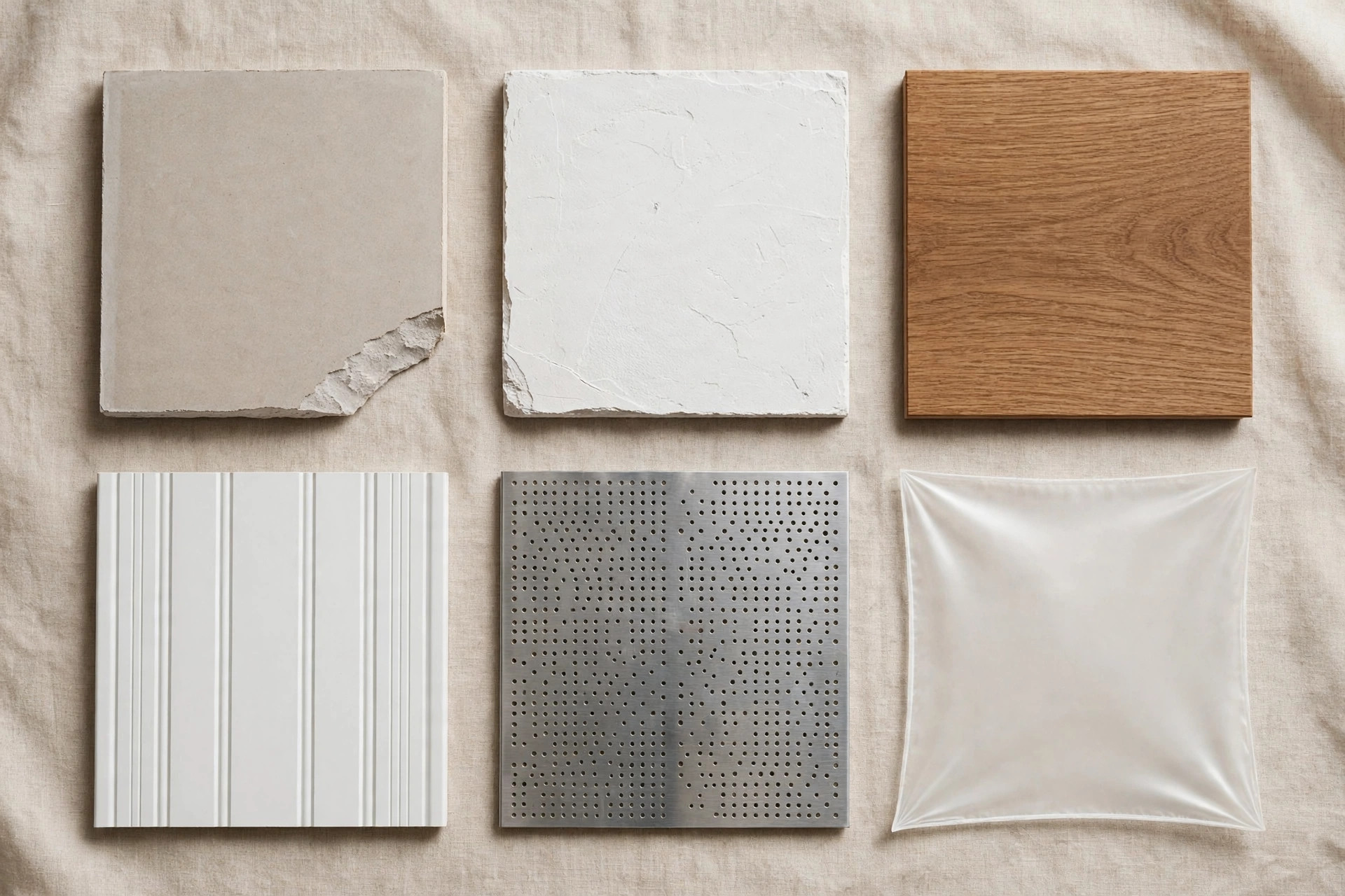 Illustration comparing hall ceiling materials: gypsum, POP, wood, PVC, metal and stretch membrane samples