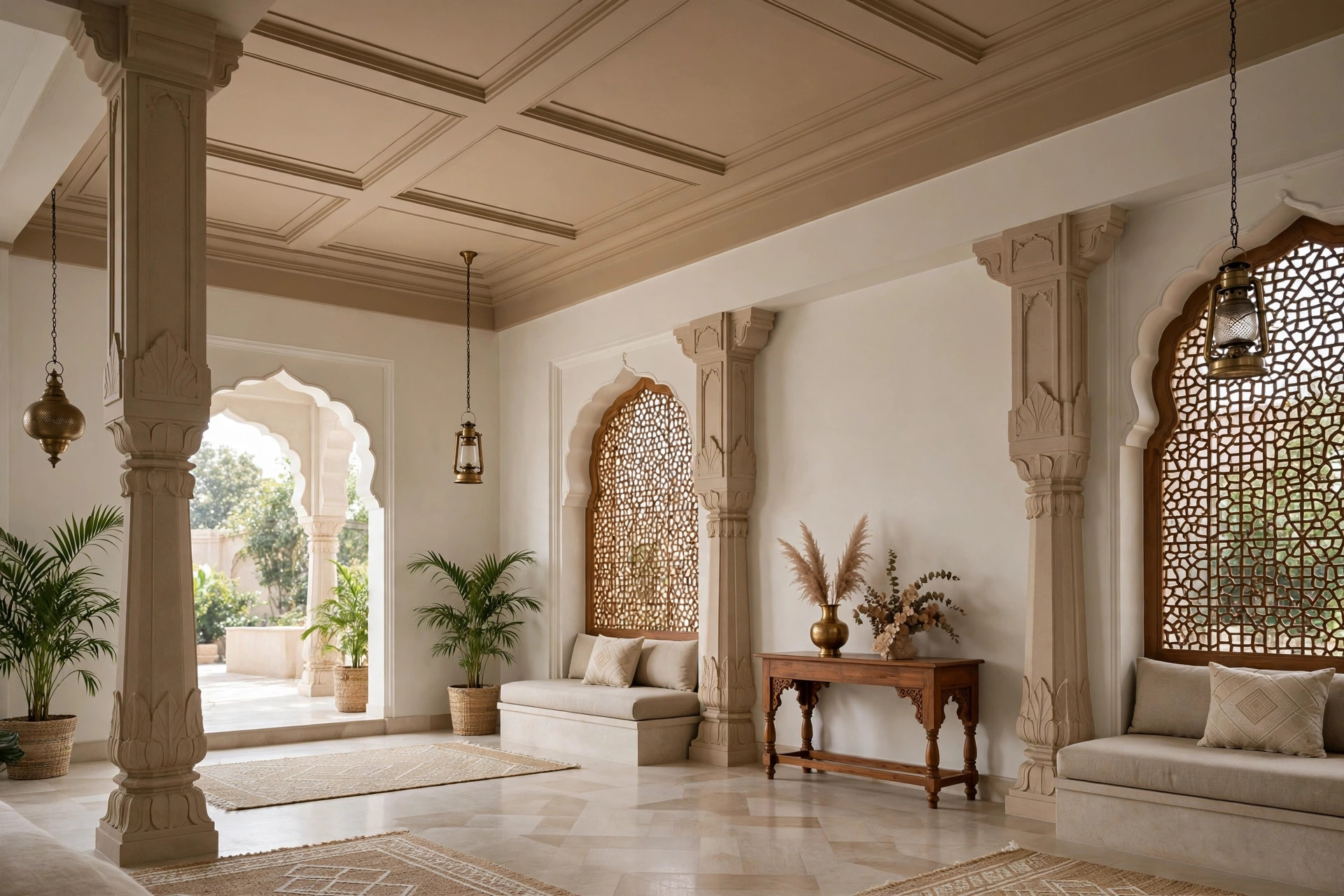 Hall with a neutral palette ceiling in warm beige with subtle contrast trim