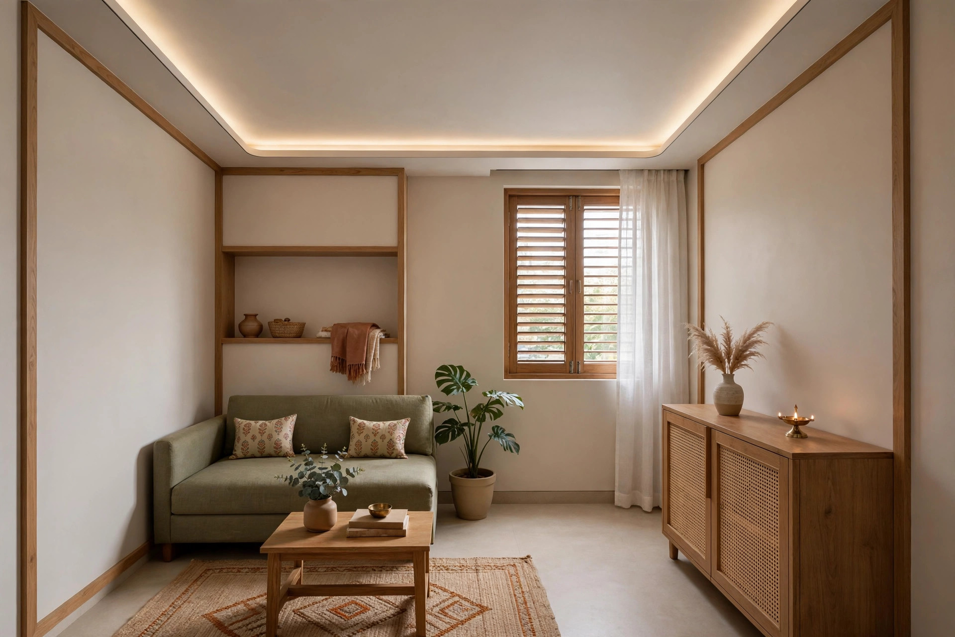 Compact hall with a slim border ceiling designed for a low 9-foot ceiling