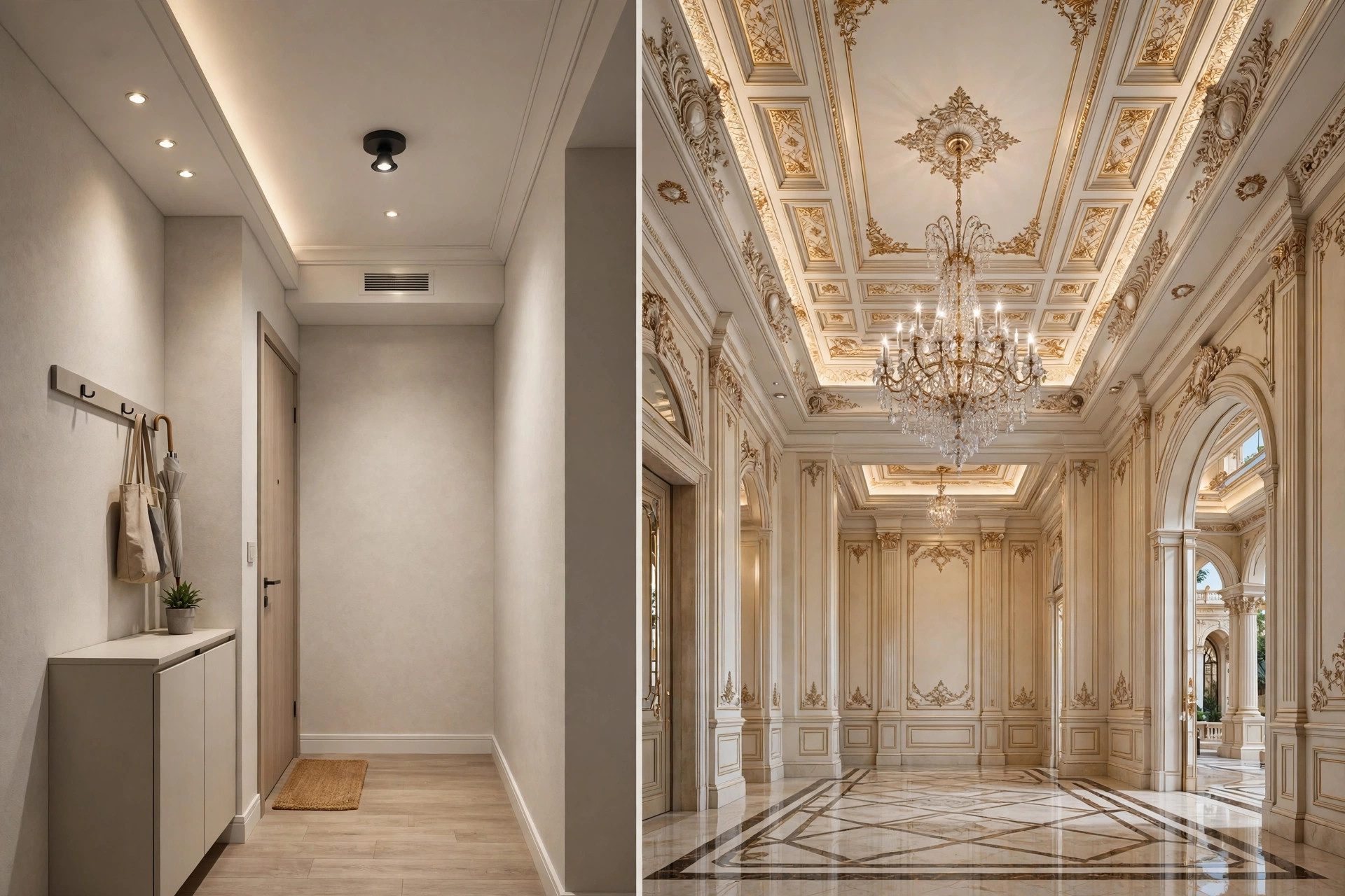 Illustration comparing a compact hall ceiling design with a grand villa hall ceiling design