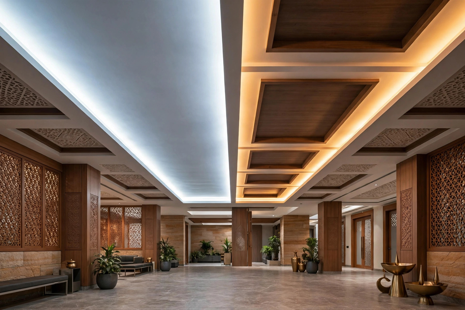 Hall ceiling with tunable LED cove lighting shifting from cool to warm tones