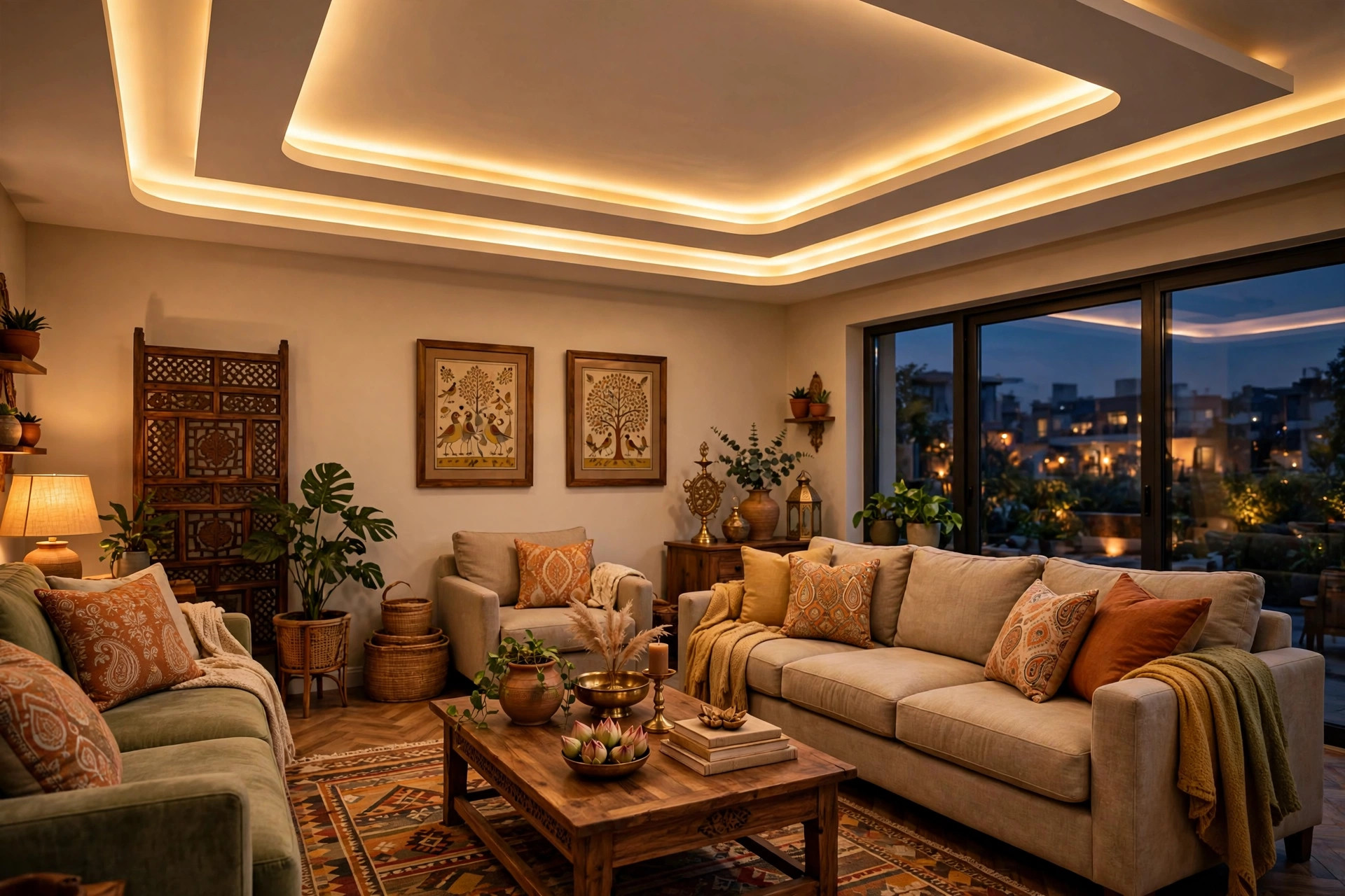 Indian family hall in the evening with a trendy 2026 tray ceiling and warm layered lighting