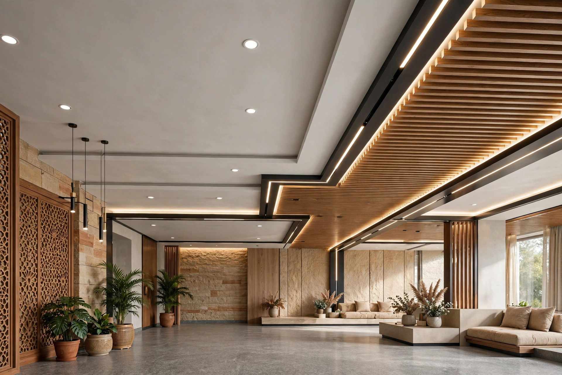 Hall with a combination ceiling: gypsum field, wood slat zone and metal trim with integrated lighting