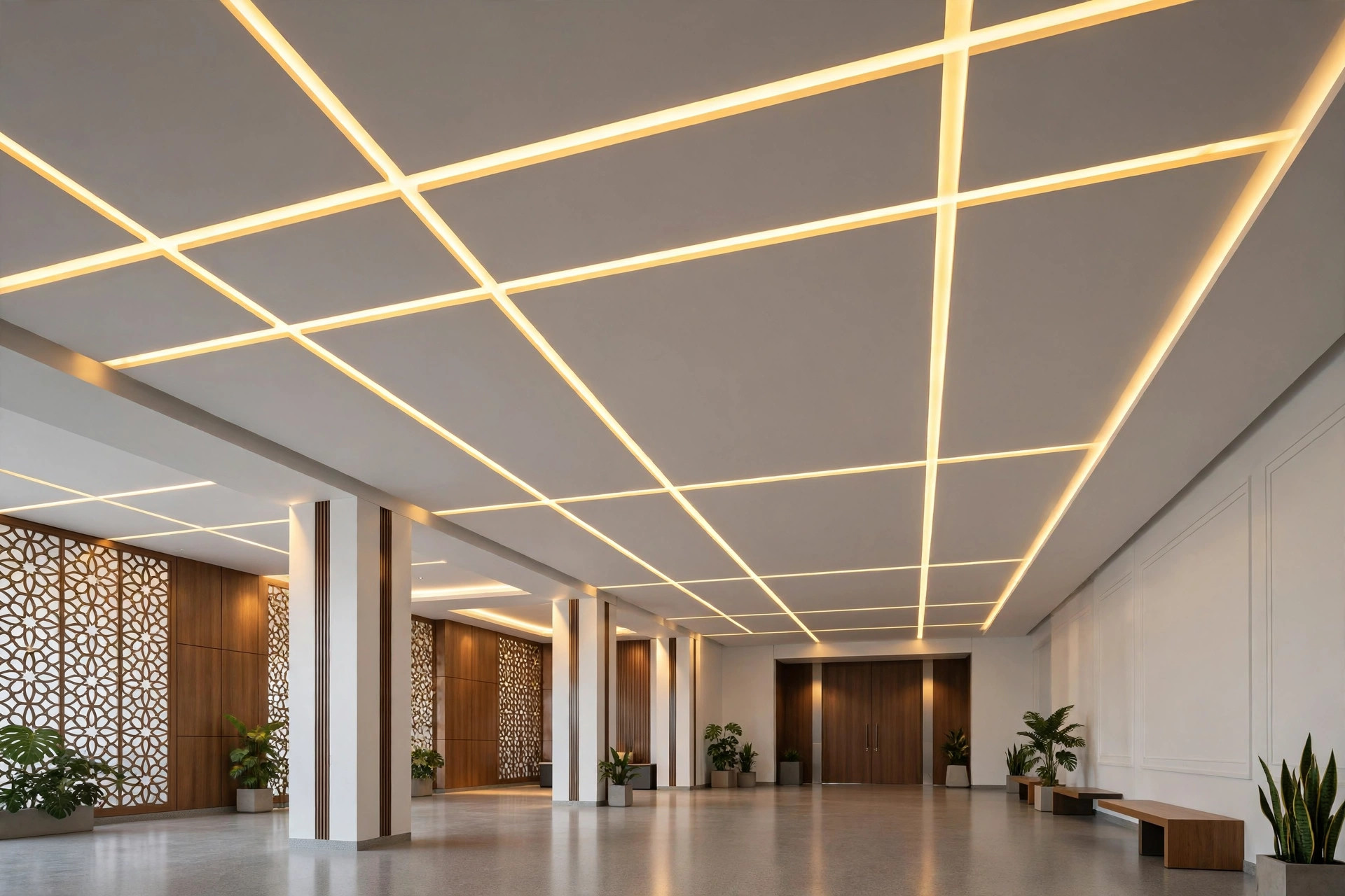 Hall ceiling with linear LED grooves cut into a minimal gypsum ceiling