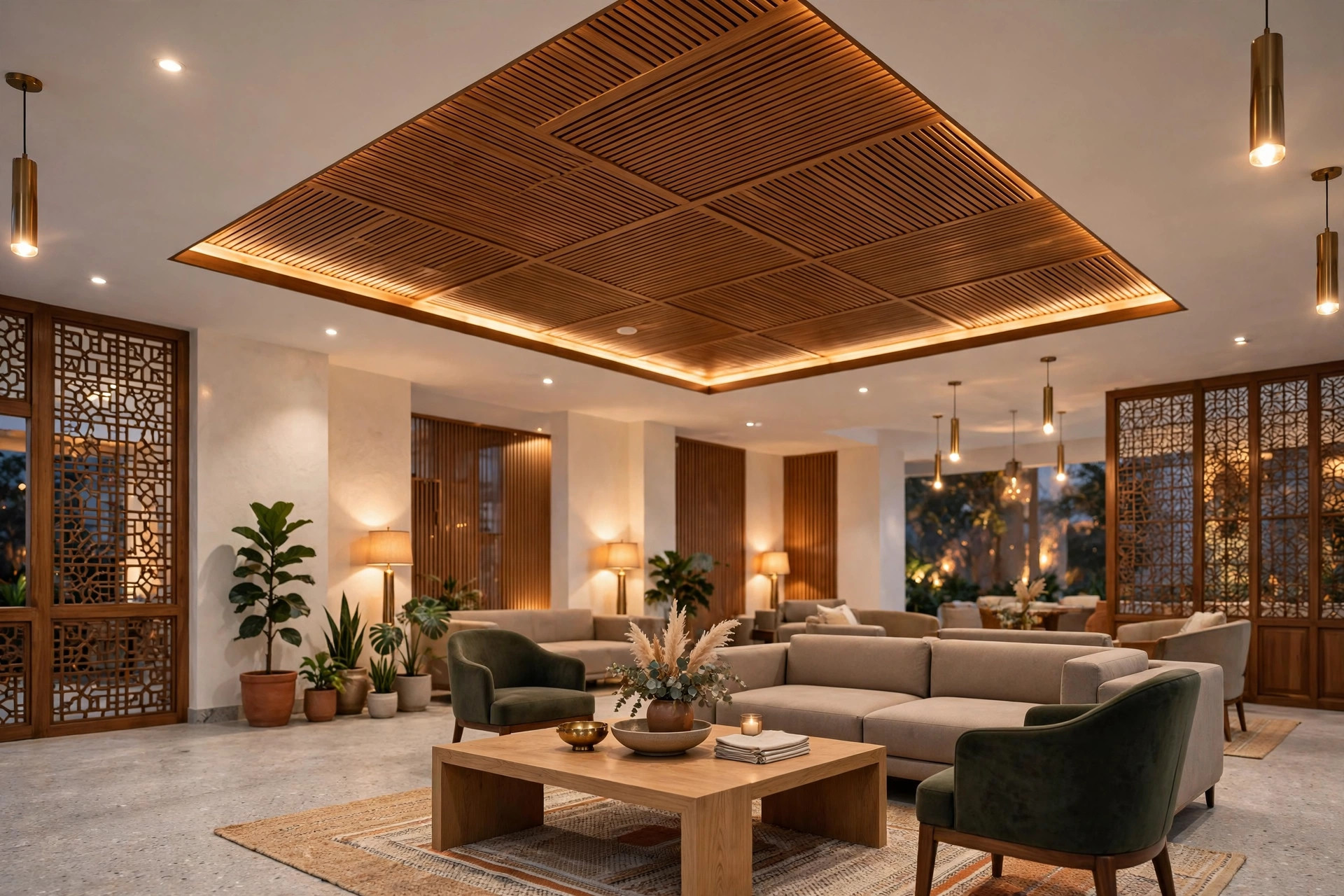 Hall with a wood-finish feature panel ceiling above the seating area