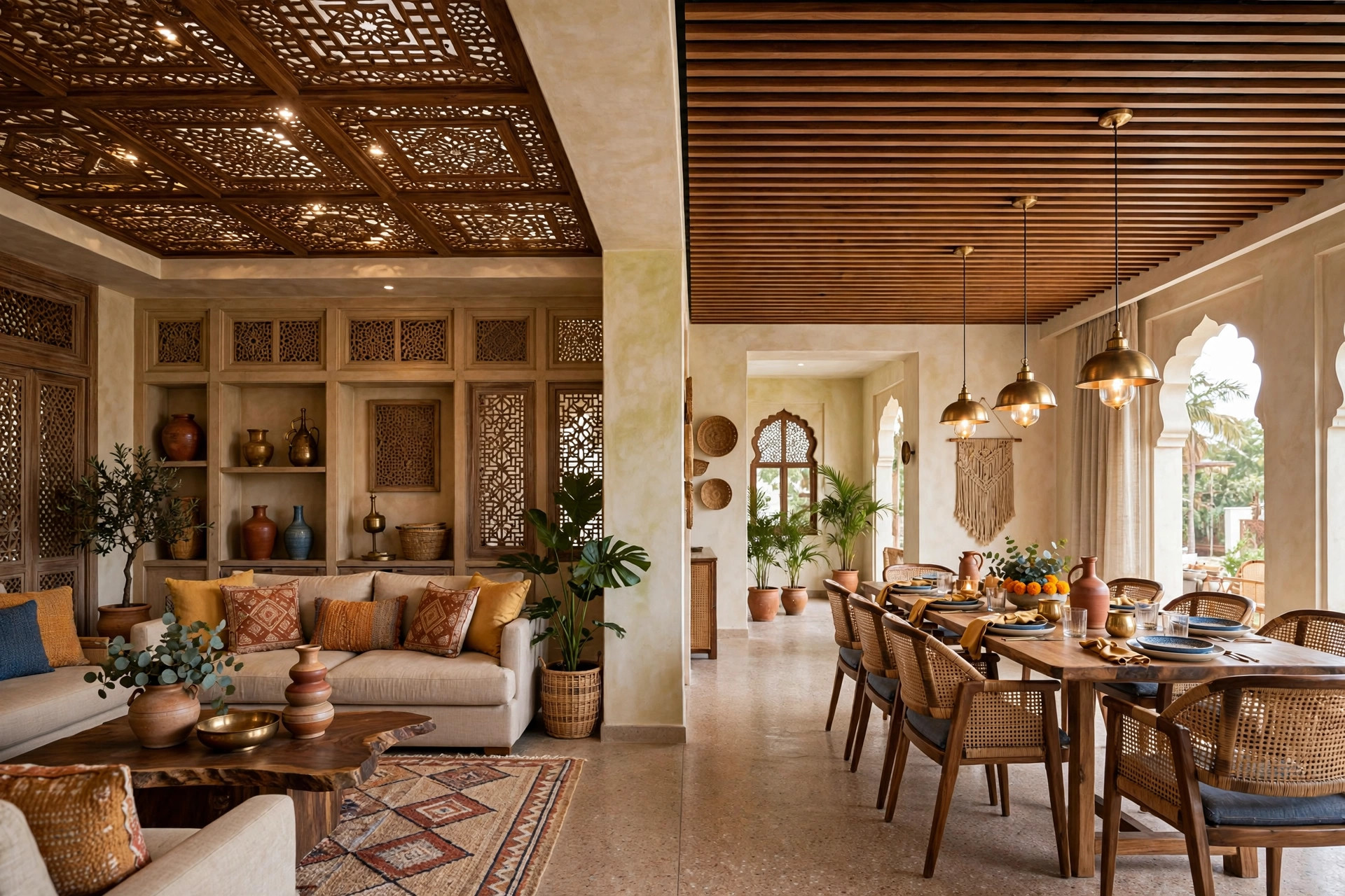 Open-plan hall with a ceiling design that visually zones the seating and dining areas
