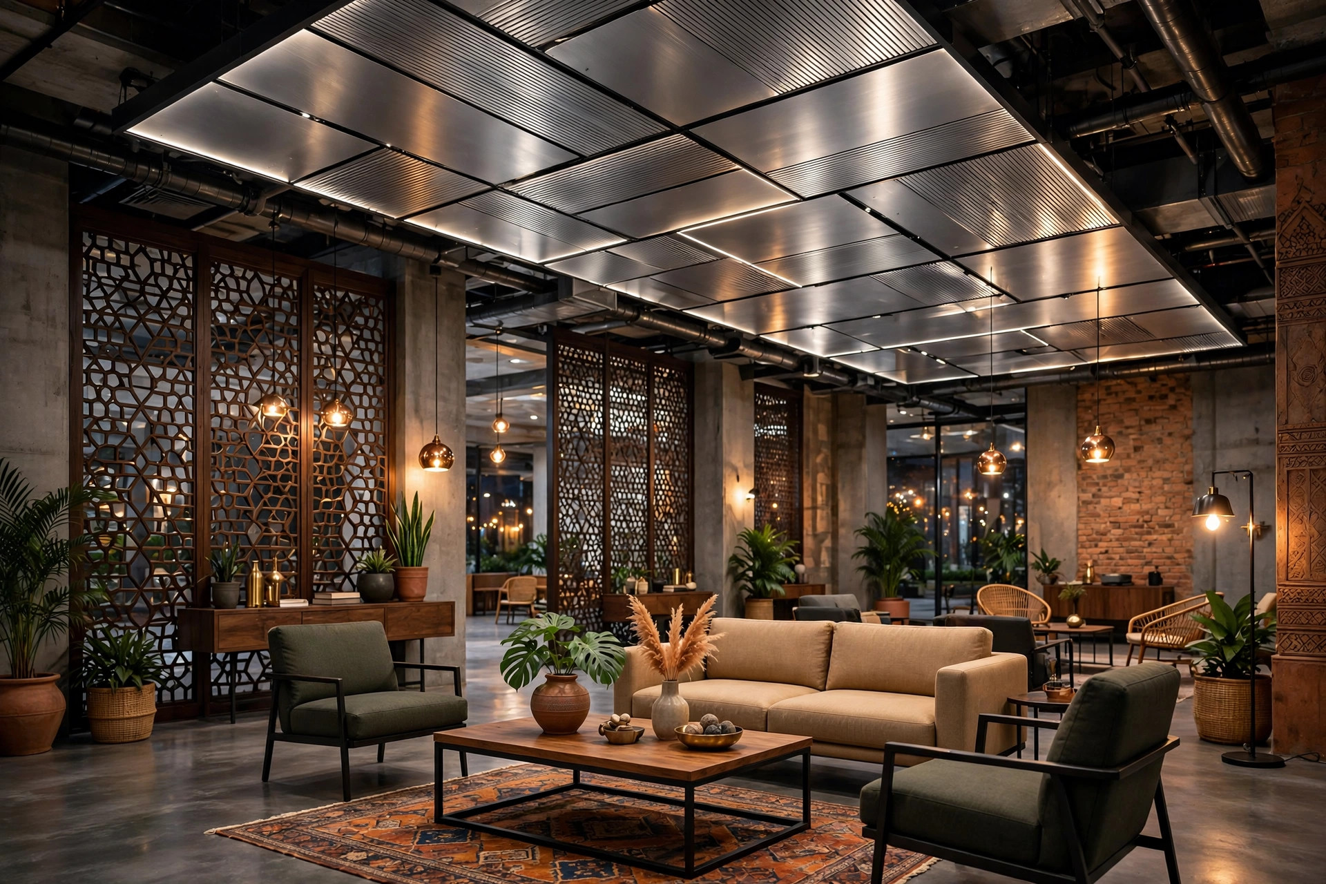 Hall with an aluminium metal accent panel ceiling in a contemporary interior