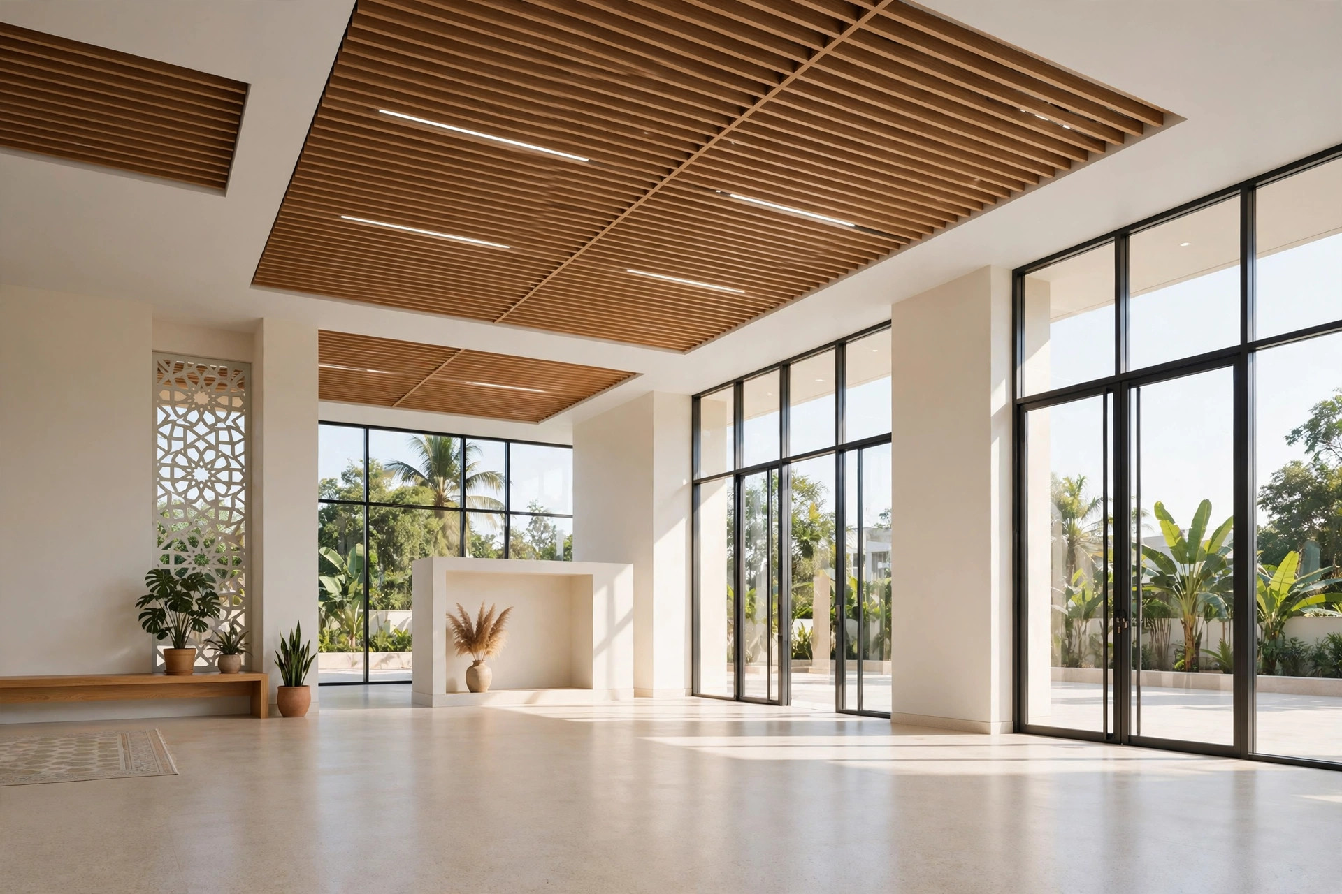 Bright Indian hall in daytime with a minimal 2026 ceiling and natural light