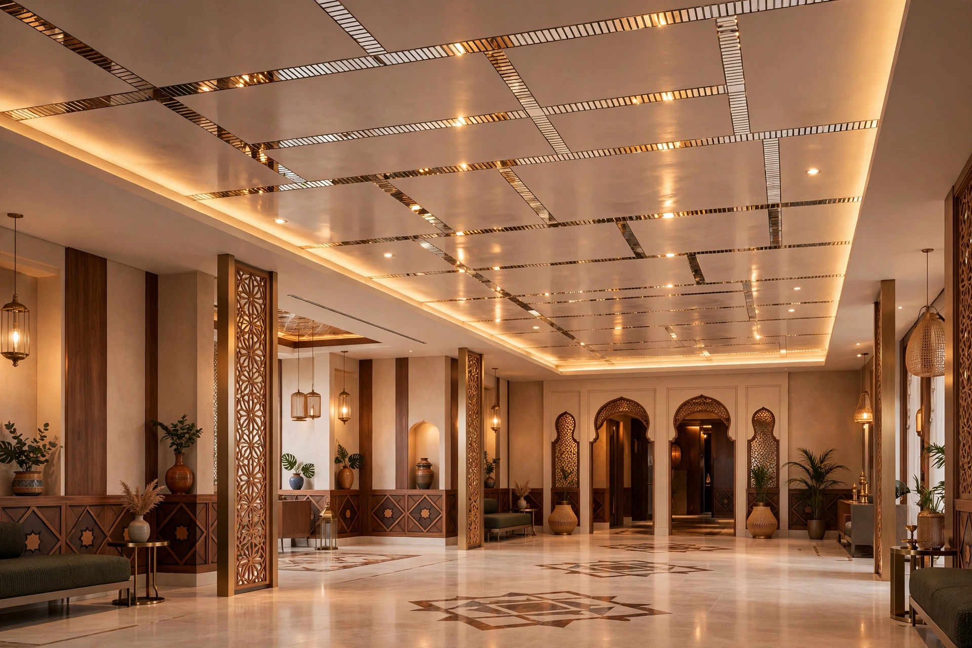 Hall with a ceiling featuring subtle mirror inlay strips reflecting warm light