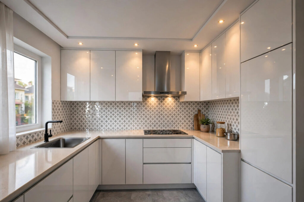 Compact Indian kitchen with a slim white gypsum false ceiling and recessed spotlights over the counter