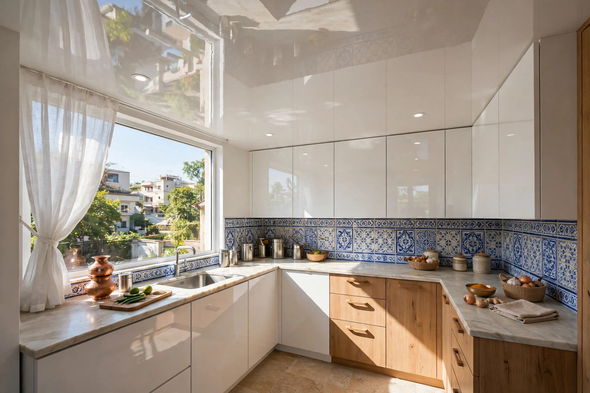 Small kitchen with a gloss white ceiling reflecting daylight from the window