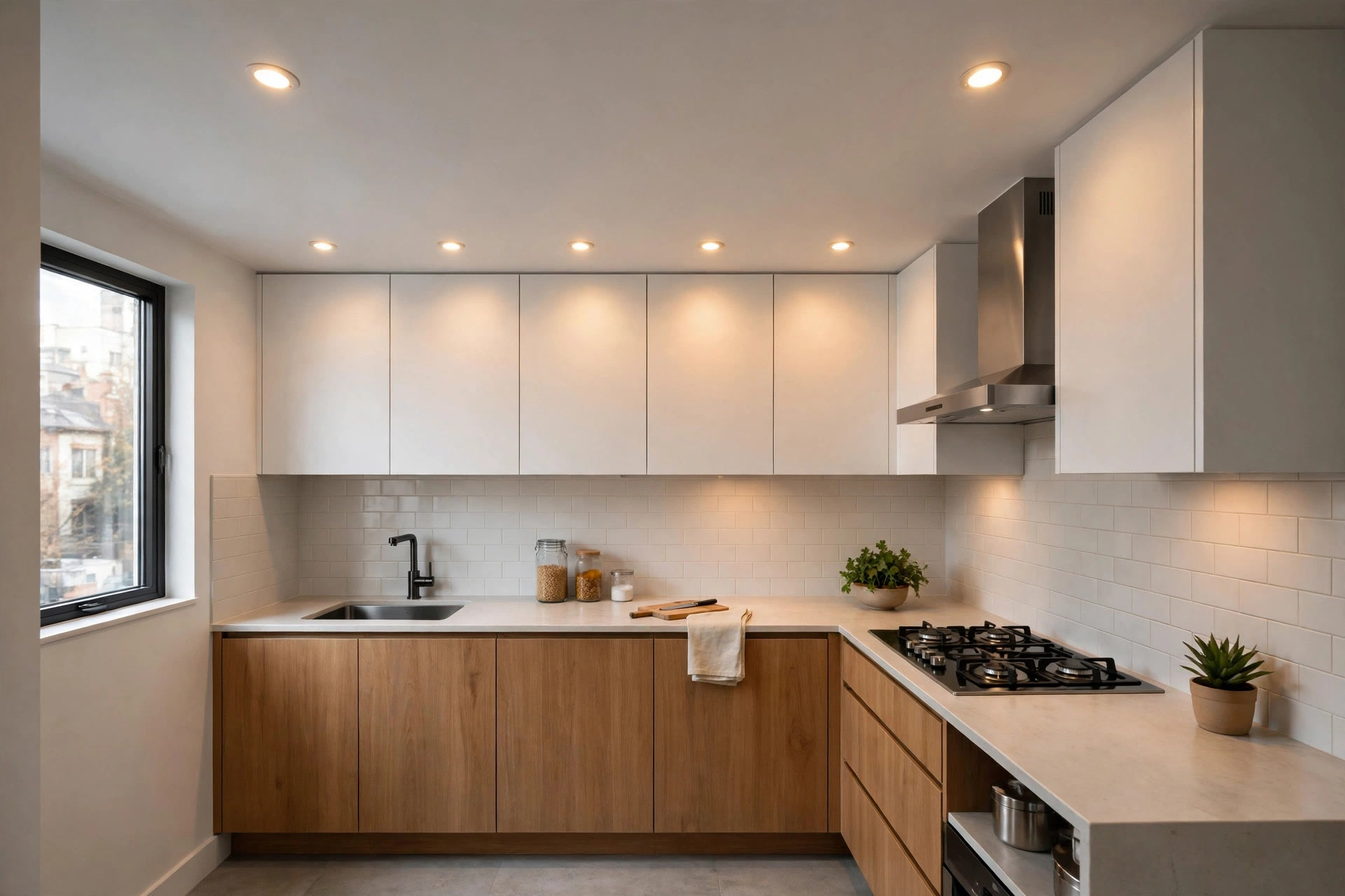 Flat white gypsum ceiling with warm recessed spotlights over the kitchen counter