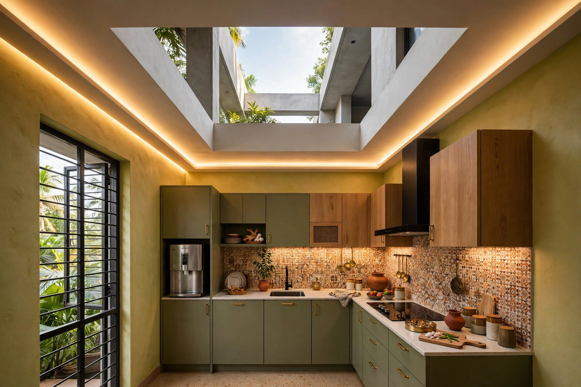 Small kitchen with a slim perimeter ceiling border and hidden warm LED cove light, centre open at full height