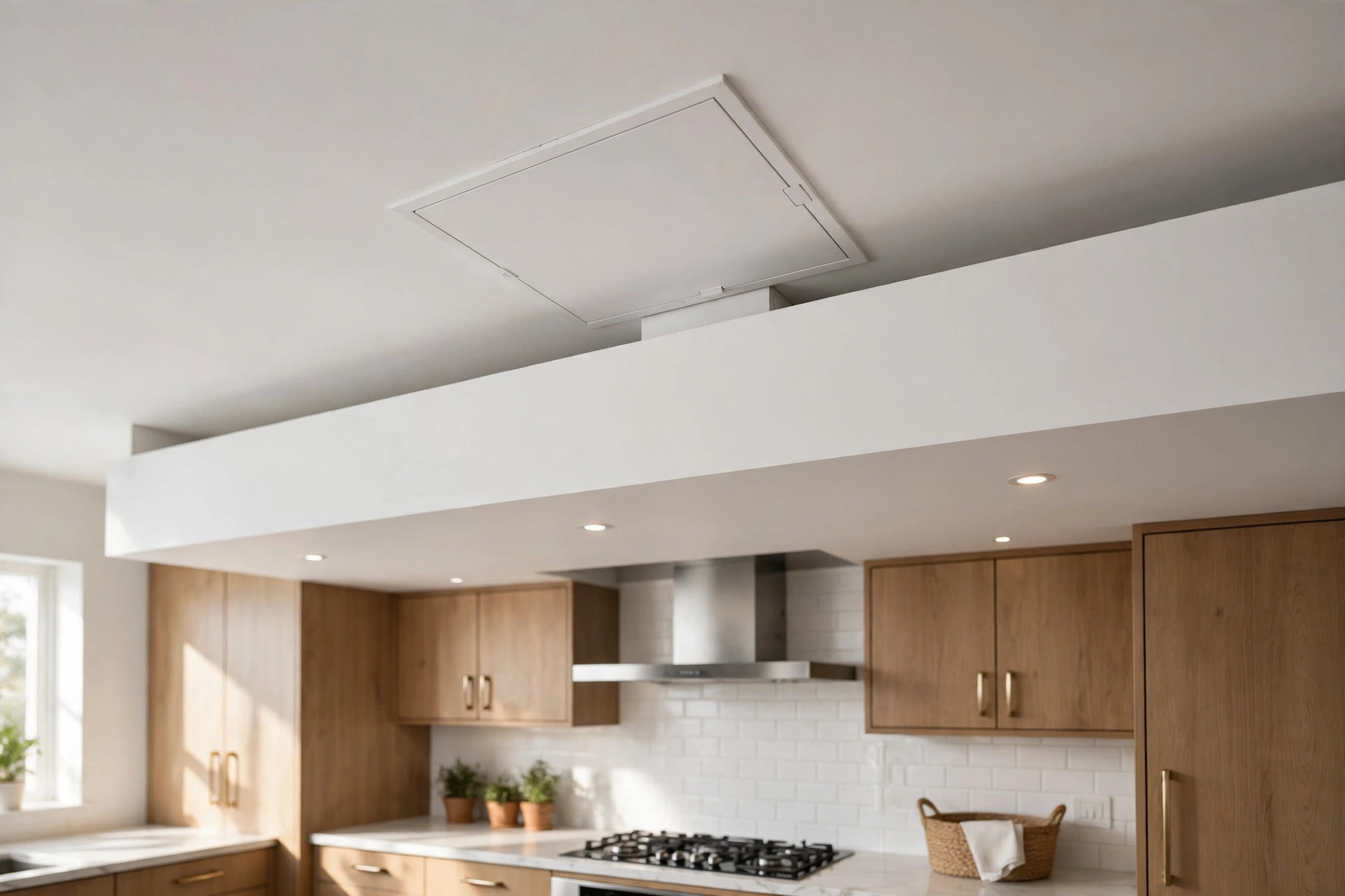 Kitchen ceiling with concealed chimney duct and a removable access panel above it
