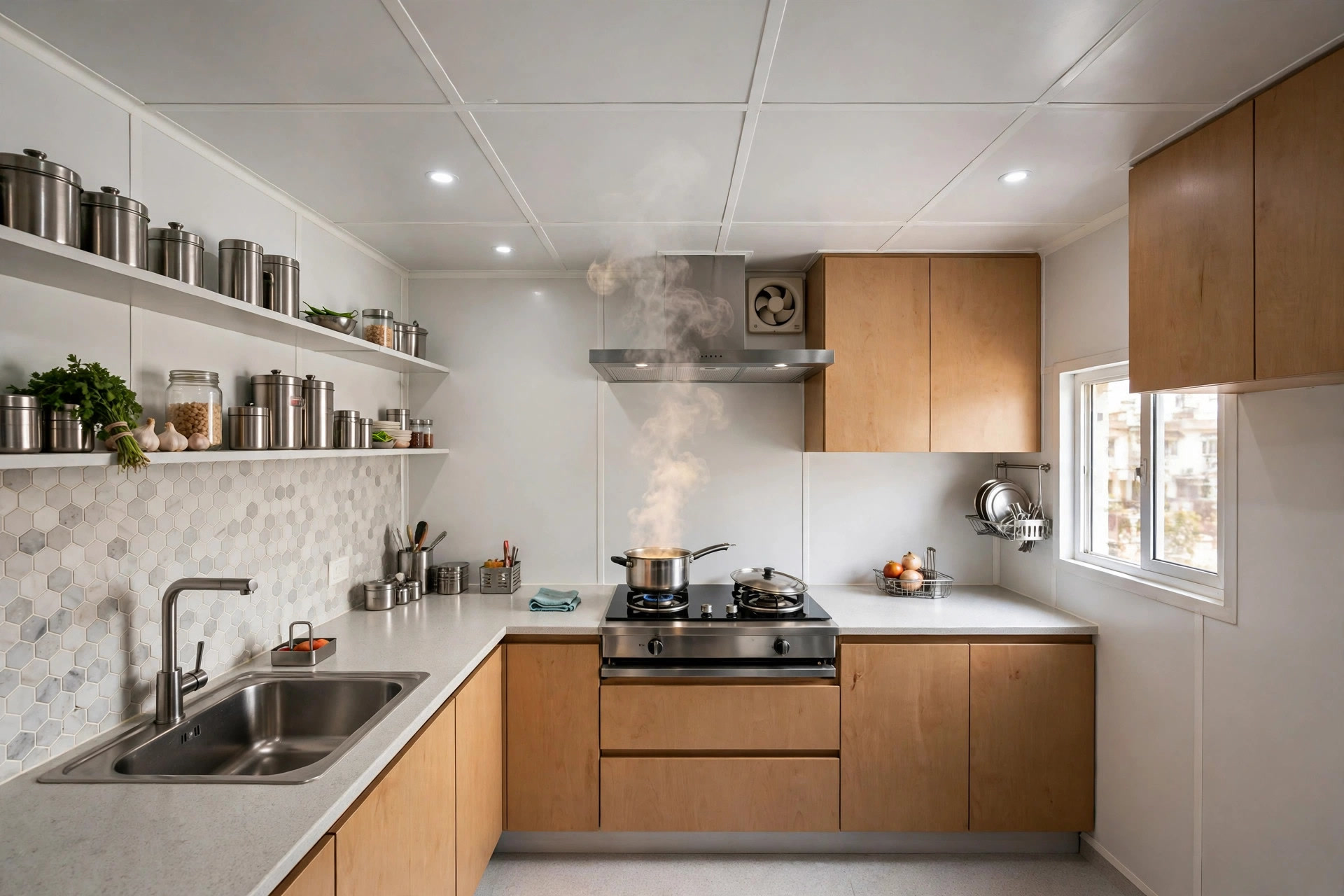 Compact kitchen with white PVC panel ceiling suited to steam and daily cooking