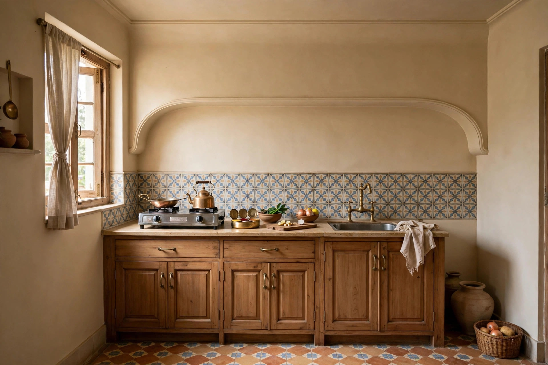 Small kitchen with a single POP cove moulding above the cooking counter, painted wall colour