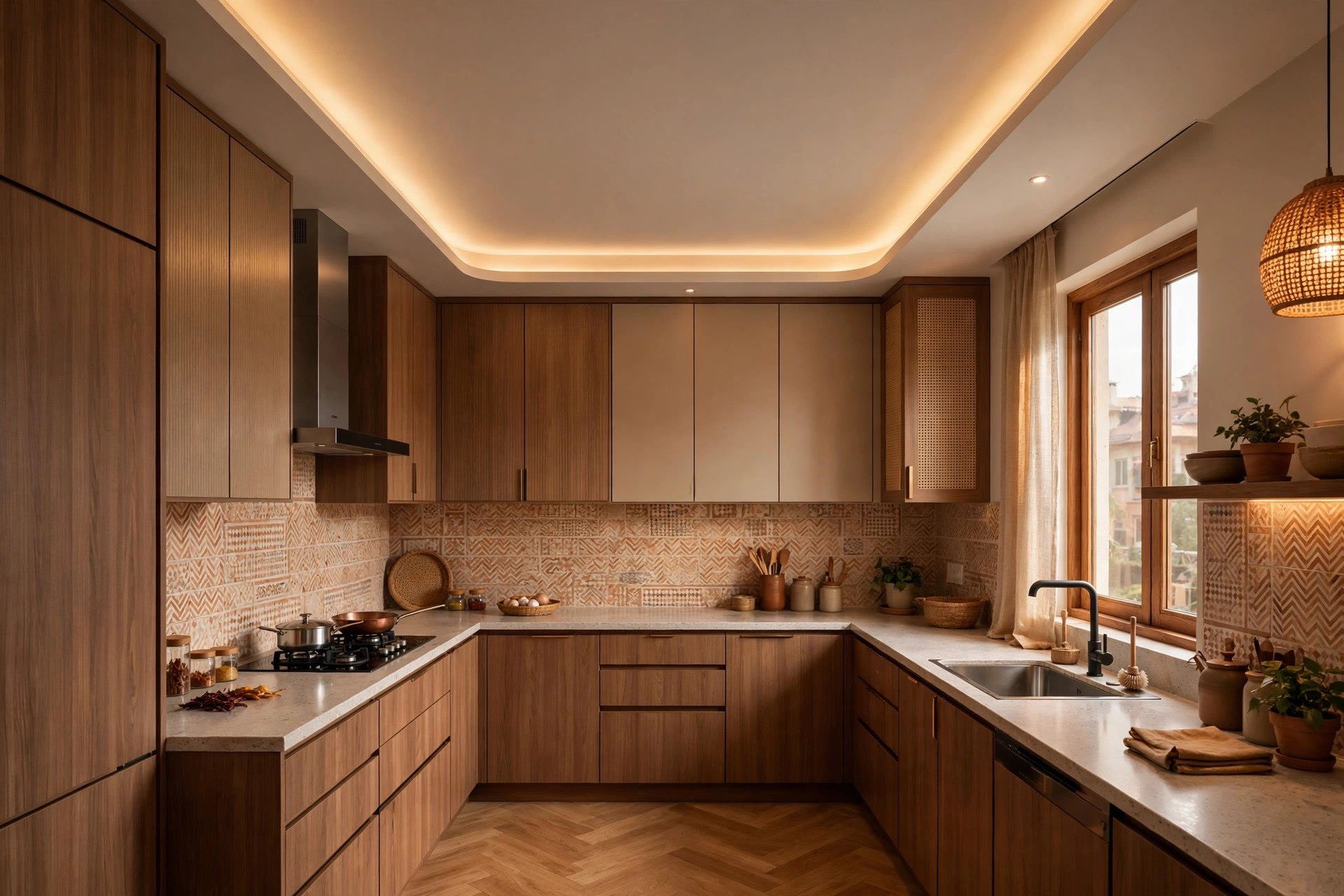 L-shaped kitchen with ceiling border following the cabinet layout