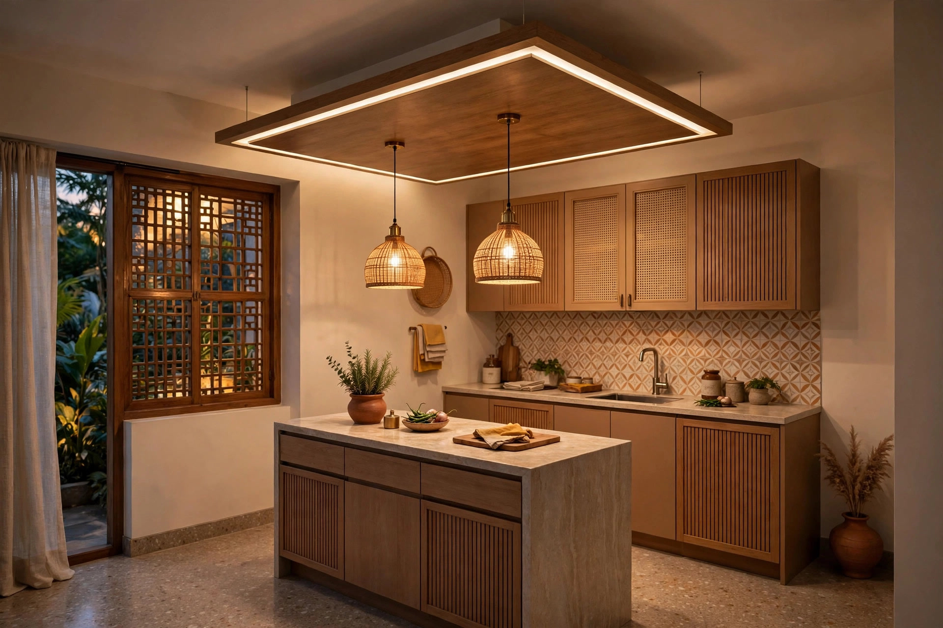 Small island kitchen with a floating ceiling panel above the island and pendant lights