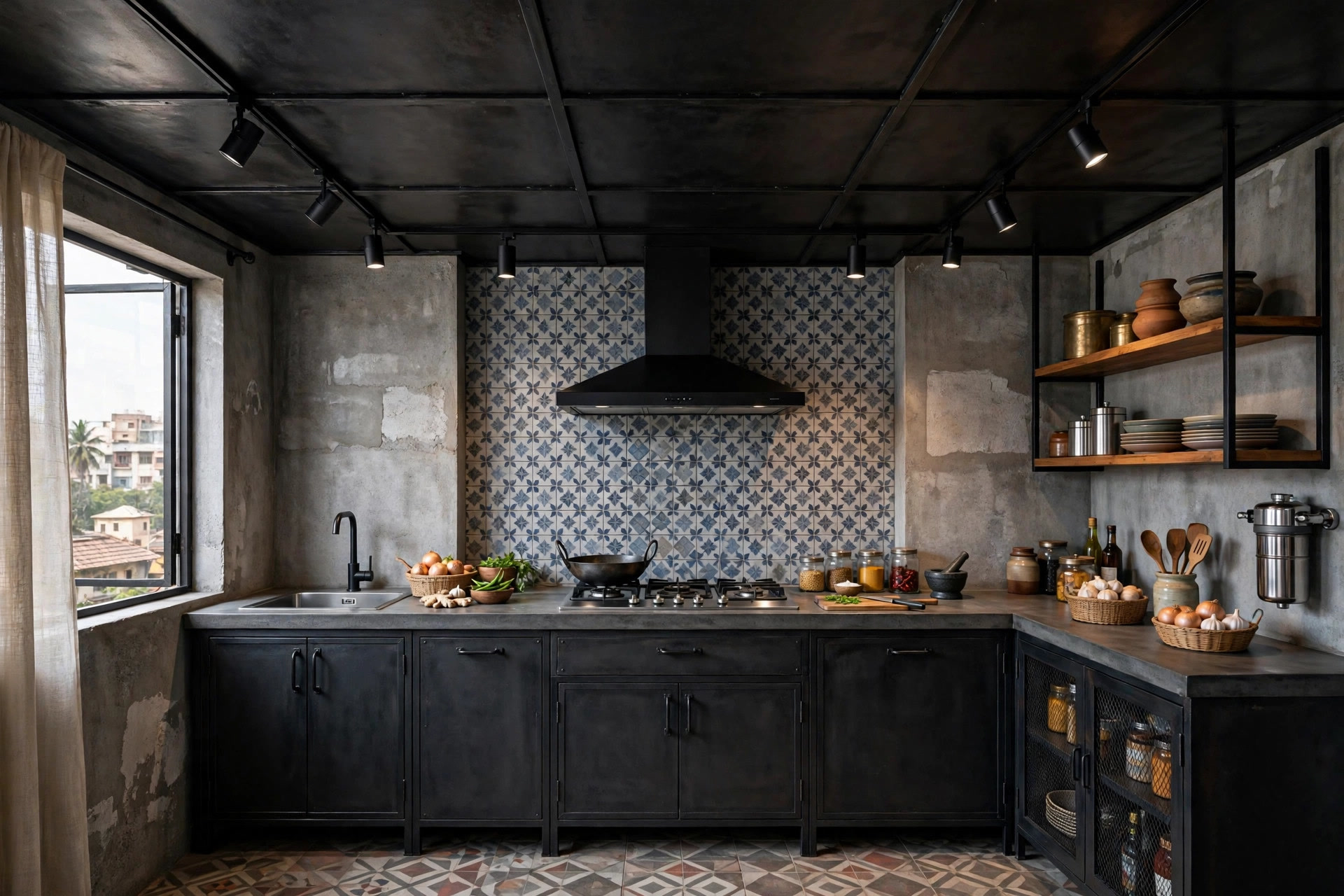 Modern industrial kitchen with dark metal panel ceiling and adjustable track lights