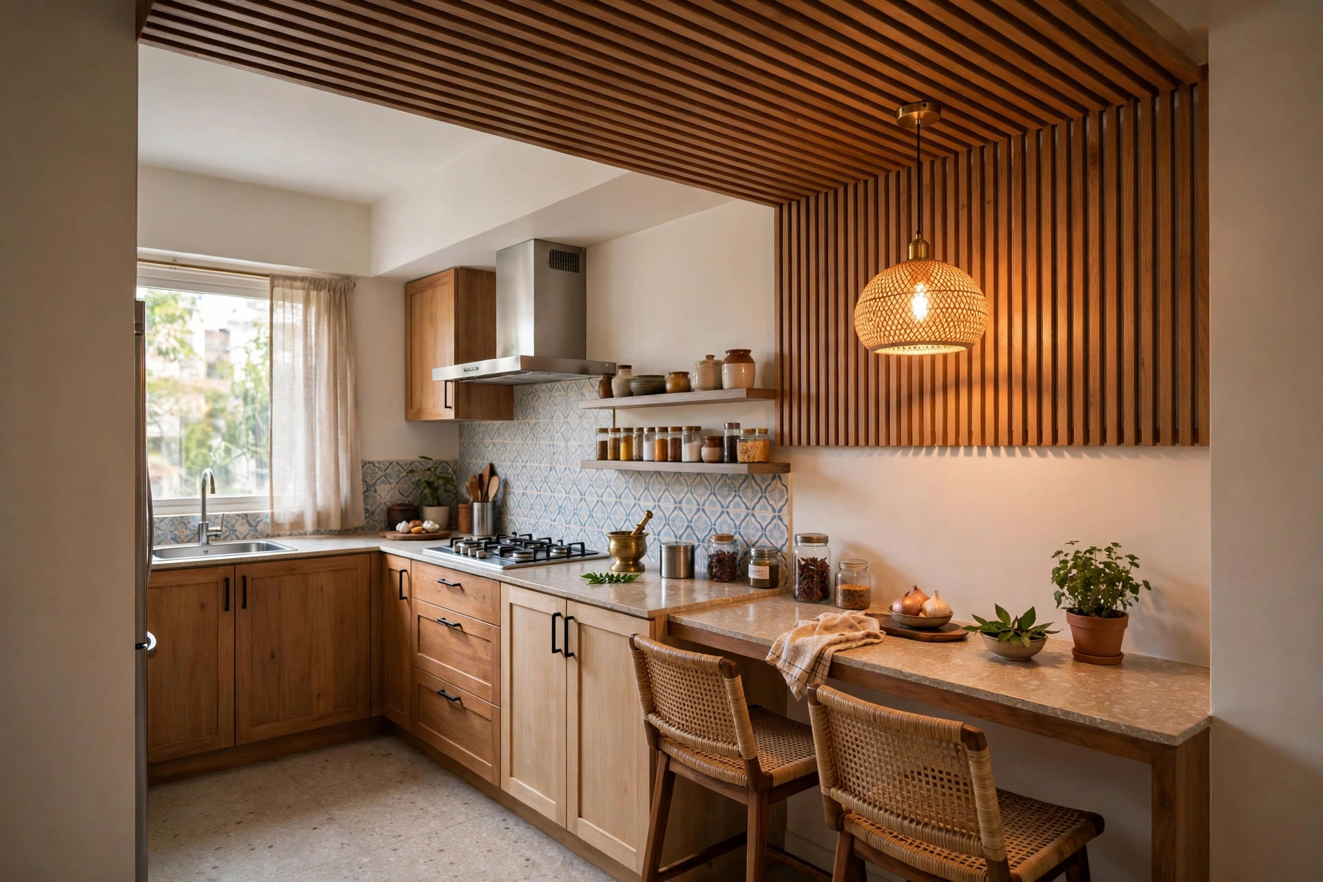 Small kitchen with slim wooden slats on the ceiling over the breakfast counter