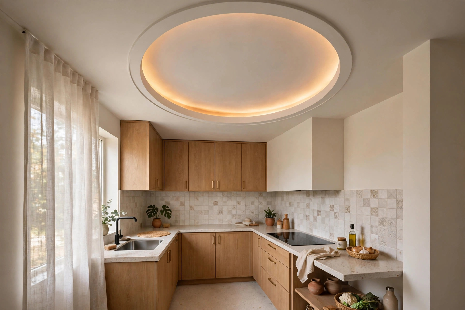 Small kitchen with a circular tray ceiling and warm LED strip glowing inside it