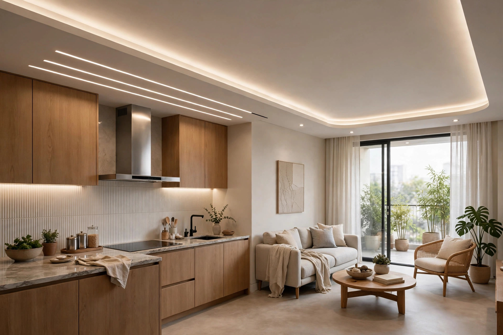 Open kitchen with ceiling flowing into the living room, layered lighting marking the kitchen zone