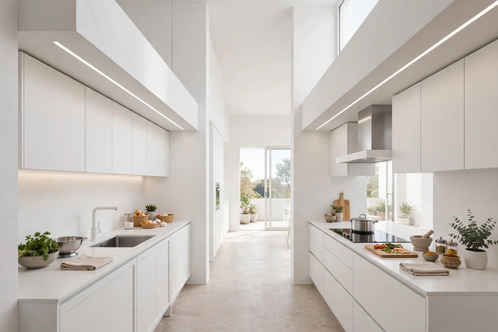 Parallel kitchen with ceiling drops above both counters and the walkway left open at full height