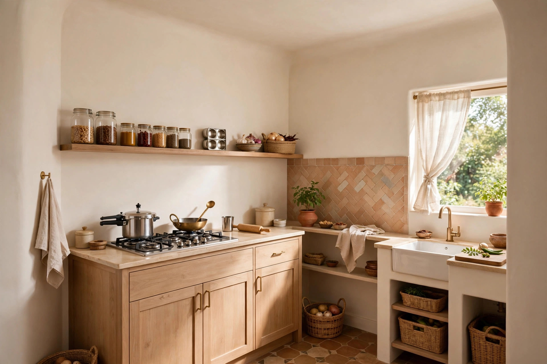 Small kitchen with warm off-white ceiling and walls painted the same shade