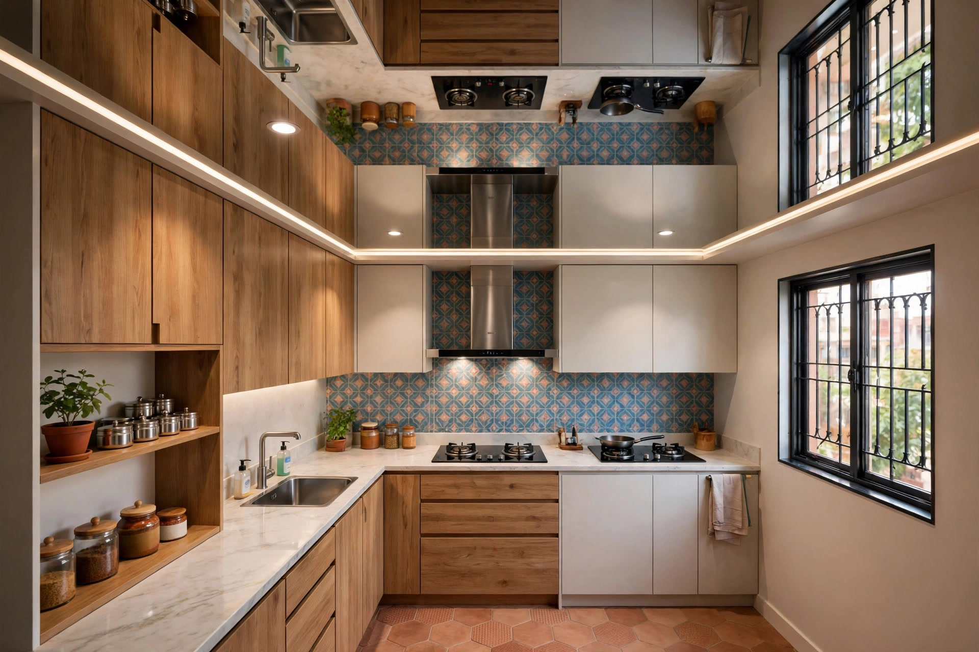 Small kitchen with a reflective glossy ceiling finish doubling the sense of space