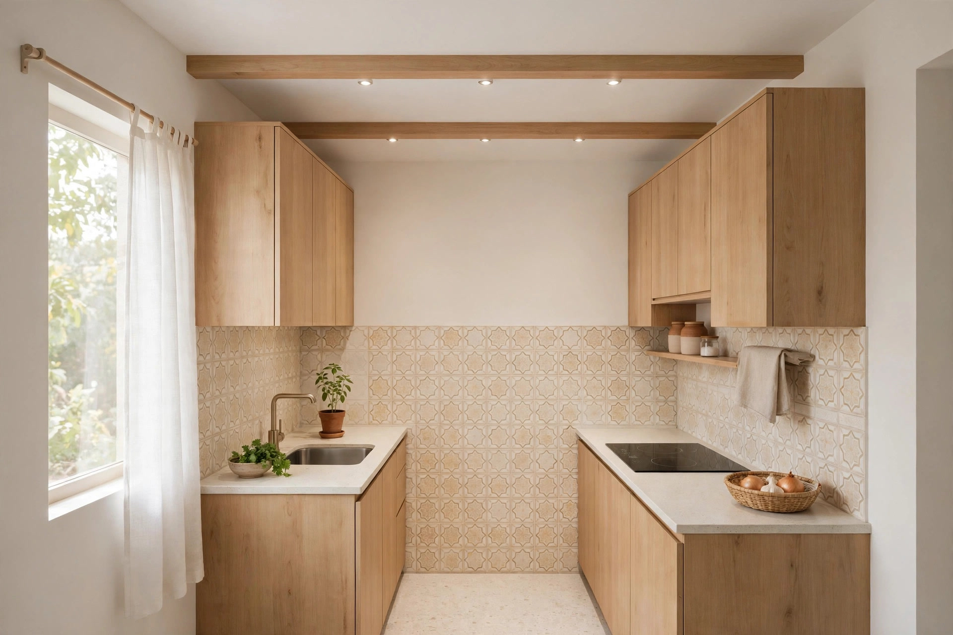 Small kitchen with two slim wooden beams on a white ceiling and spotlights between them