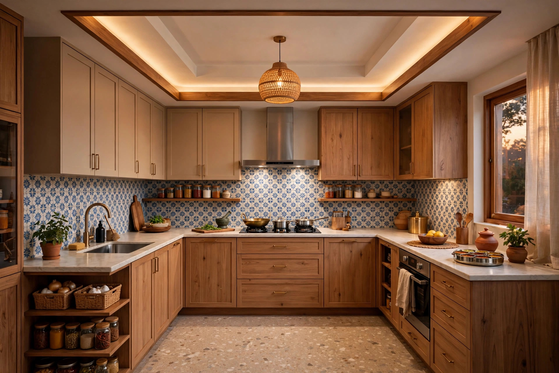 U-shaped kitchen with a compact tray ceiling and slim wooden accents