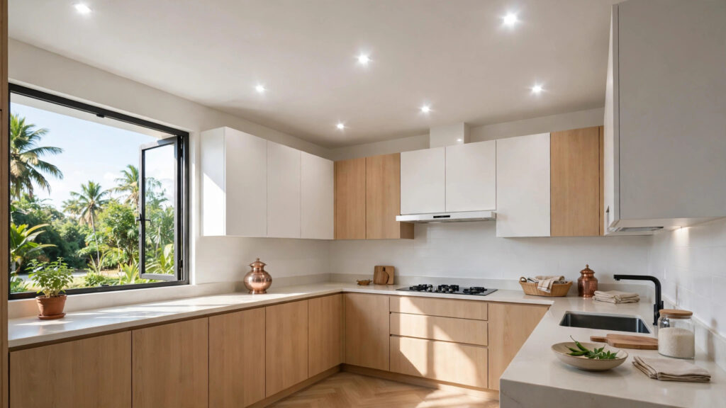 Simple Indian kitchen with a flat false ceiling and bright recessed spotlights