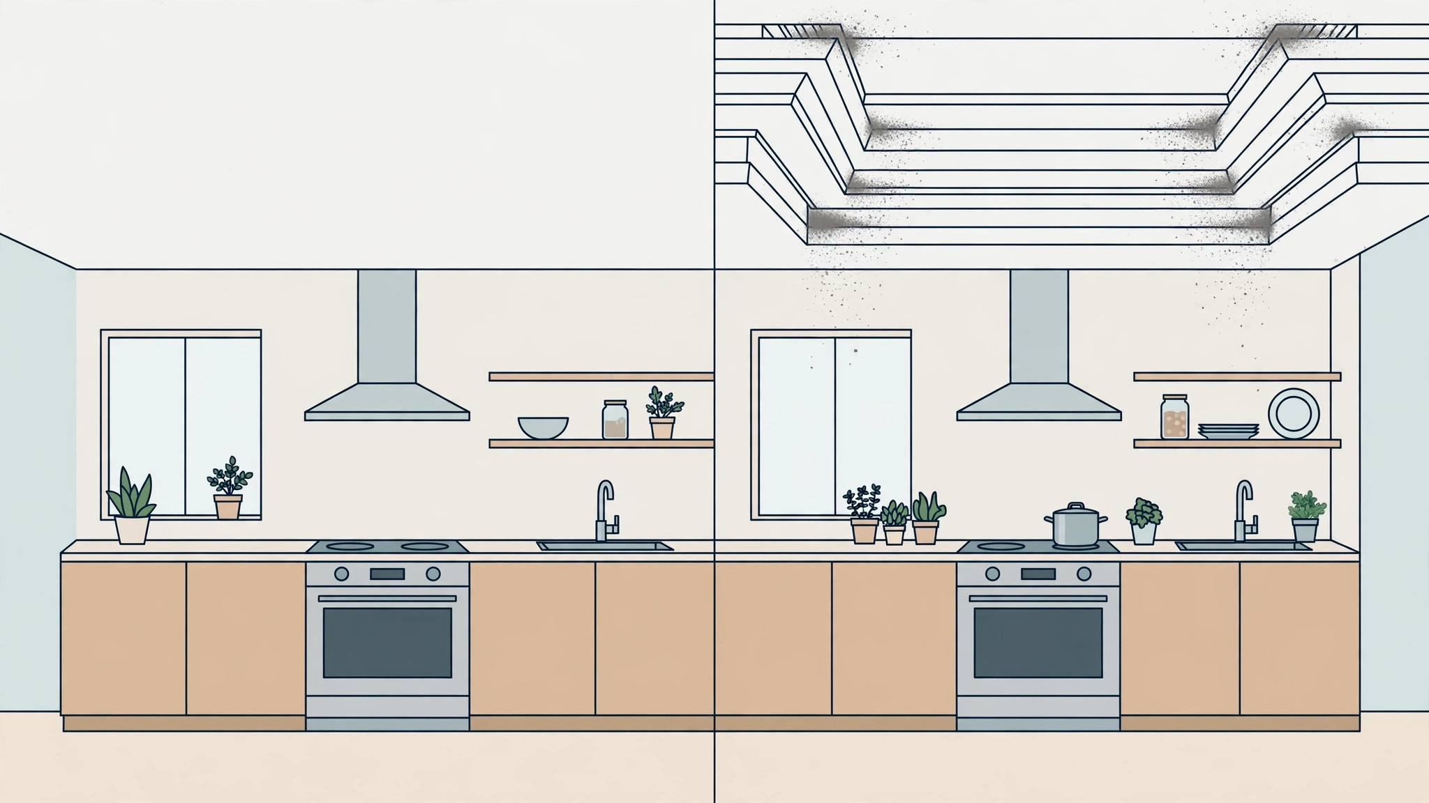 Diagram comparing a simple flat kitchen ceiling with a complex multi-level one