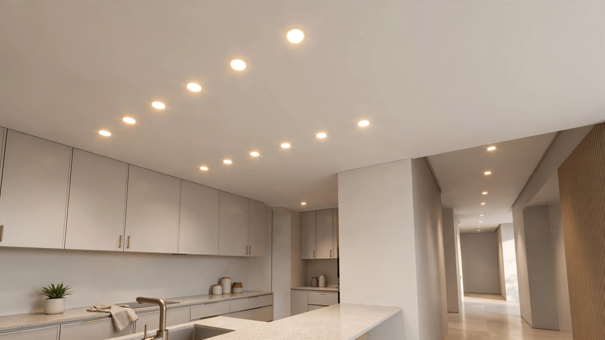 Simple kitchen with a flat ceiling and recessed spotlights over the counter