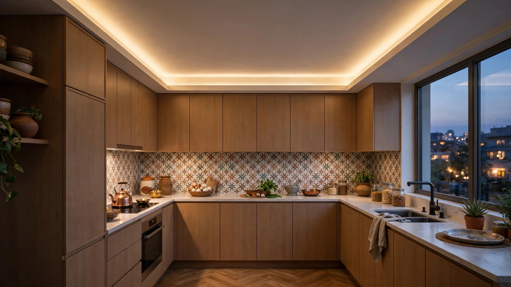 Kitchen with a slim perimeter border ceiling and concealed LED strip