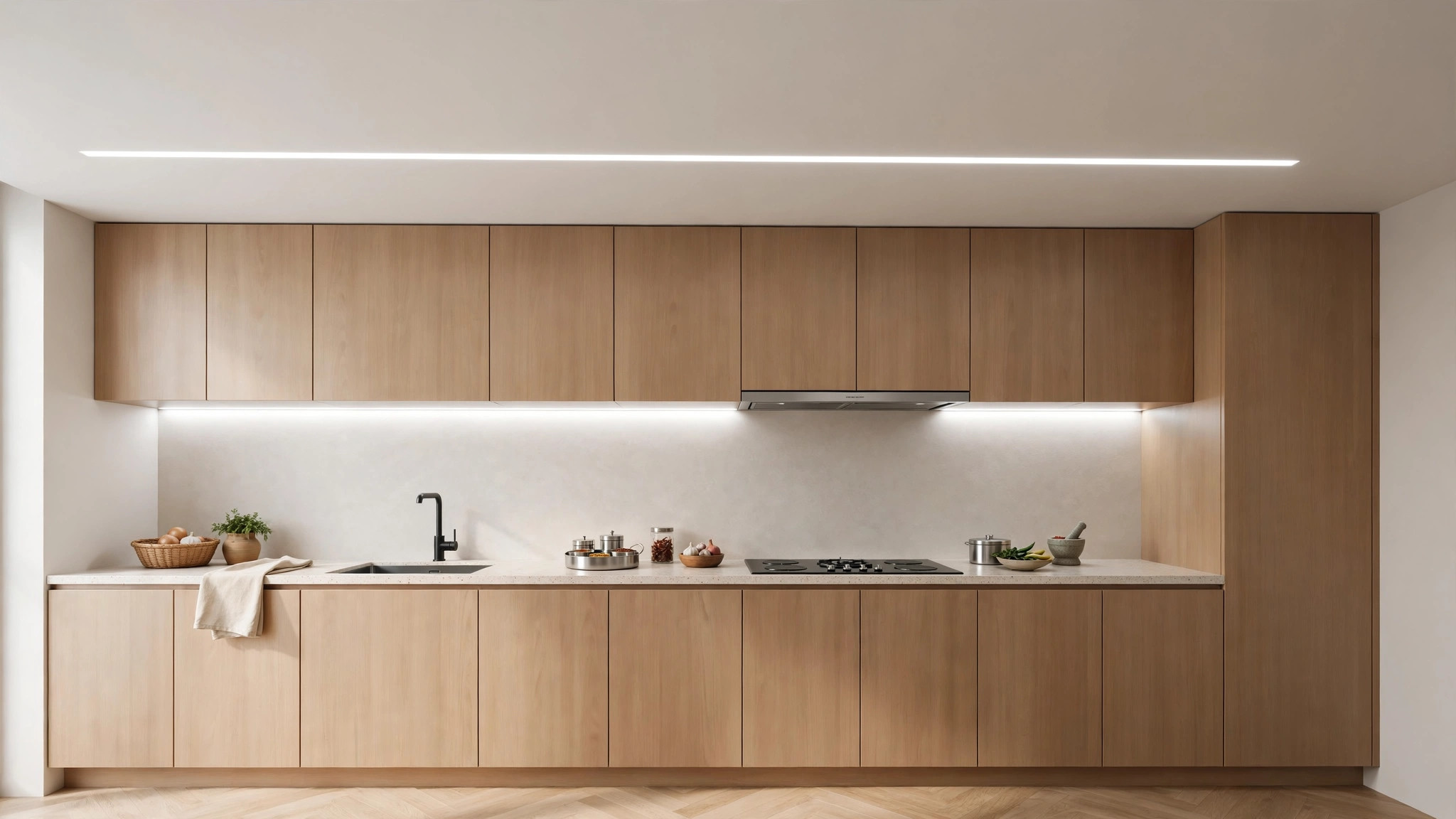 Straight kitchen with a recessed light strip above the counter