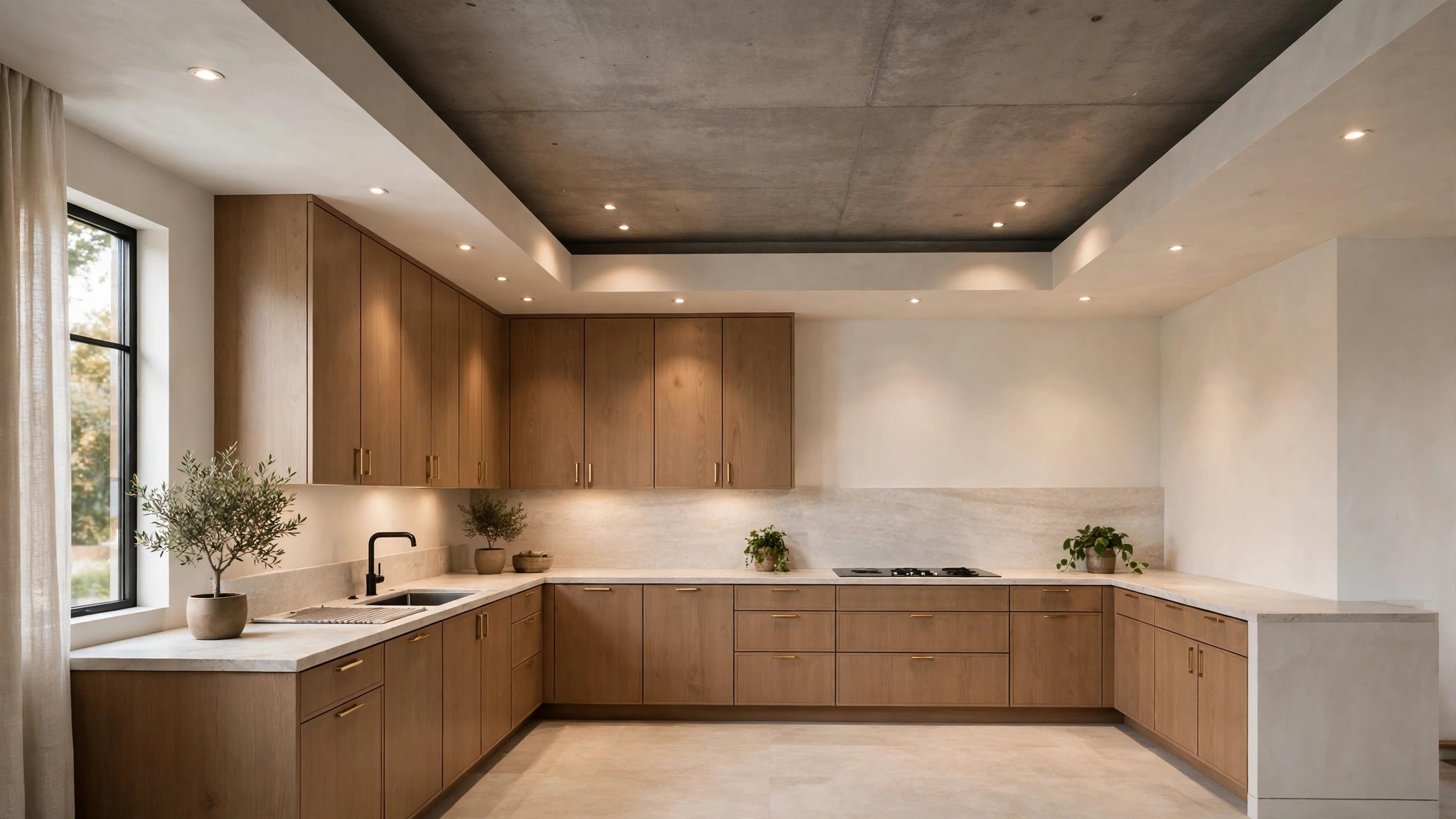 L-shaped kitchen with a shallow ceiling drop following the cabinet layout