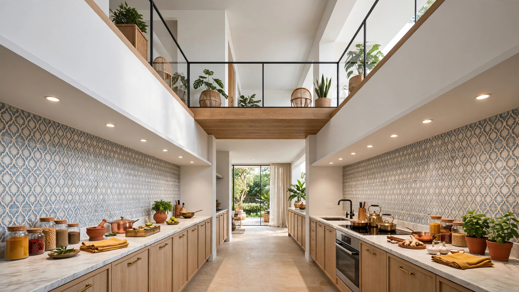 Parallel kitchen with twin shallow ceiling drops above both counters