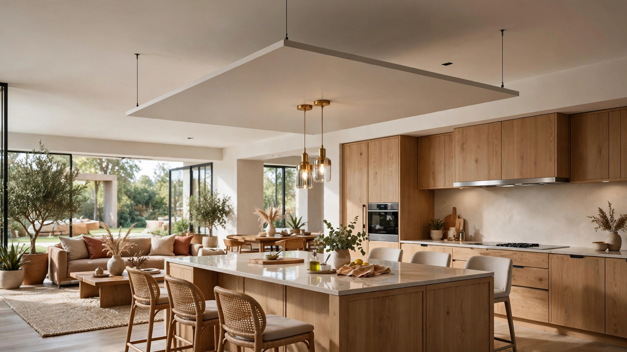 Island kitchen with a floating ceiling panel and pendant lights above the island
