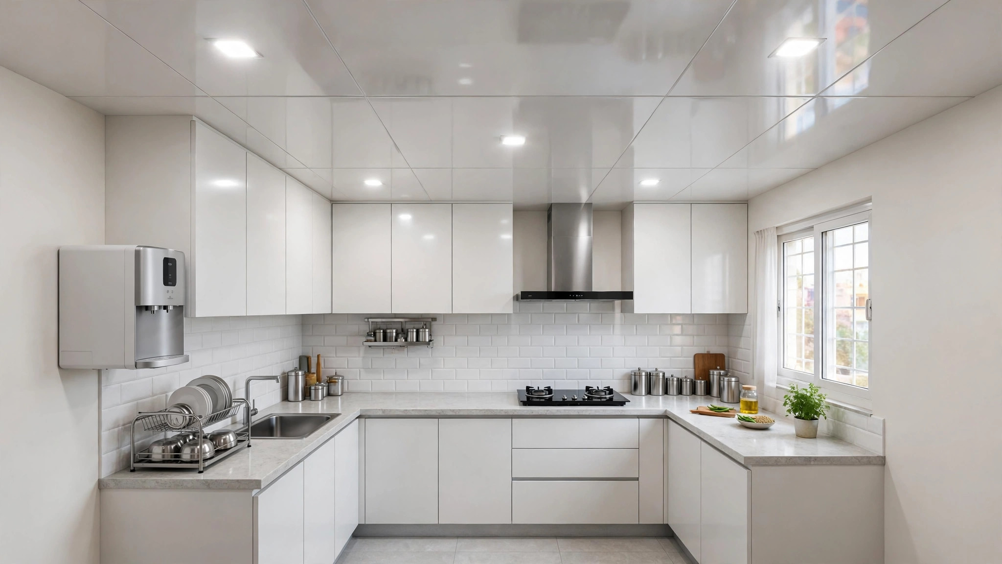 Kitchen with a simple white PVC panel false ceiling