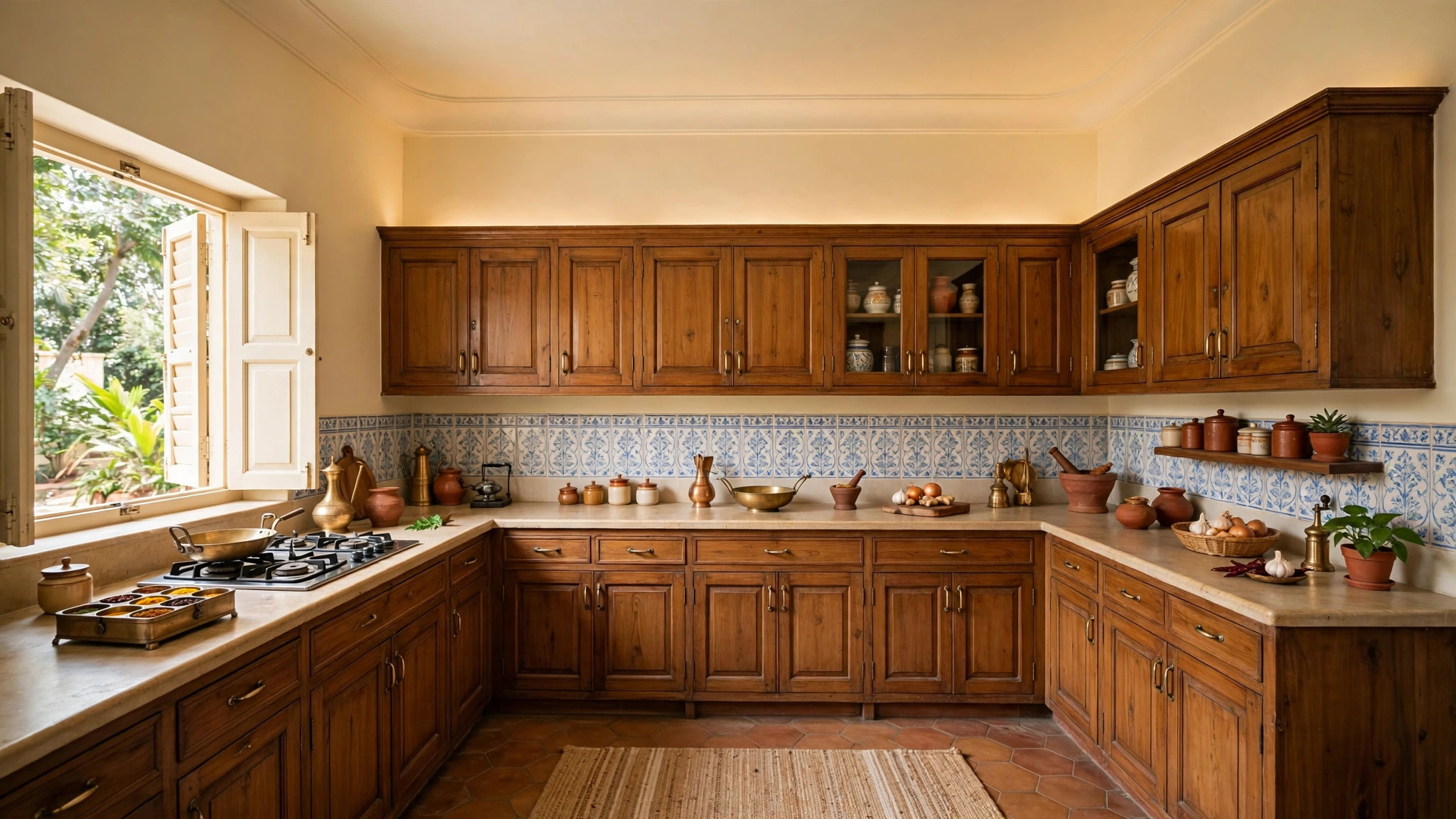Classic Indian kitchen with a simple POP cove painted the same cream color as the walls