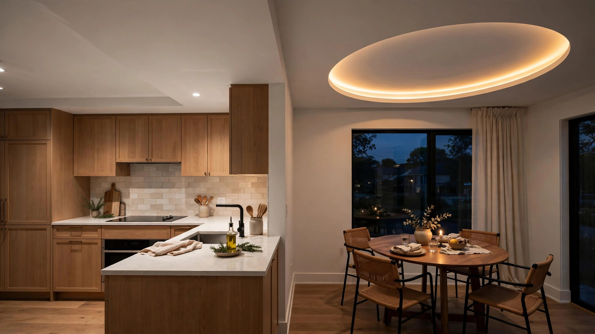 Kitchen dining corner with a simple circular tray ceiling and warm LED ring