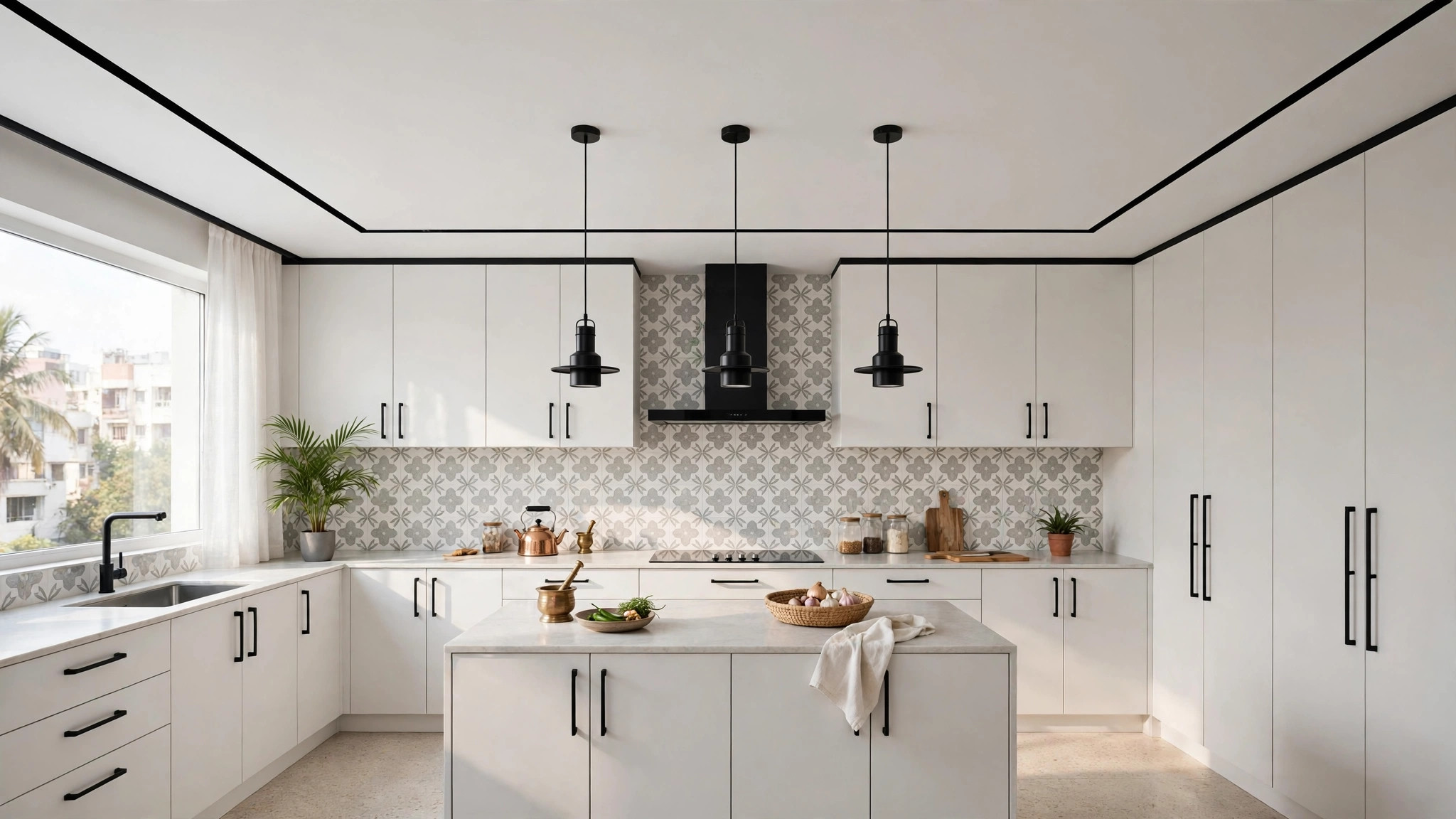 Modern kitchen with a mostly white ceiling and a narrow black border accent